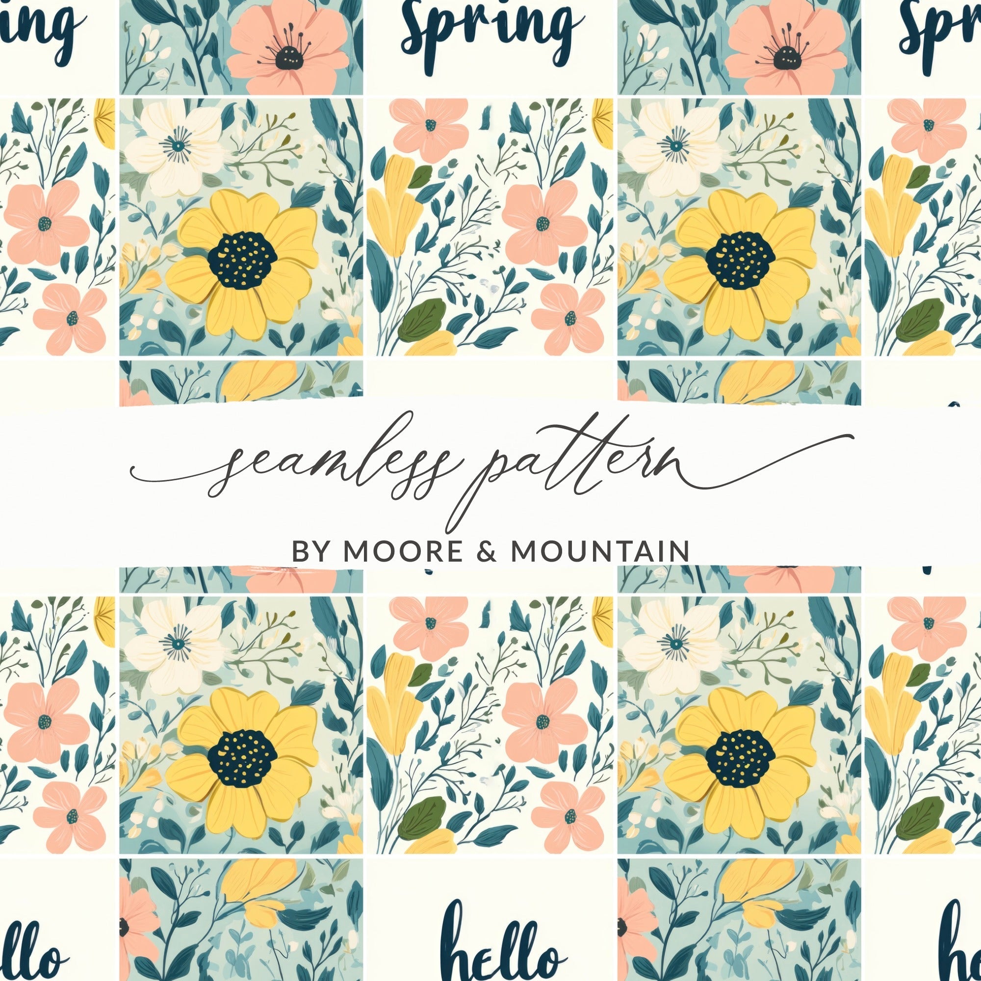 Hello Spring Pastel Flowers Pattern Patchwork Spring Background Seamless Pattern - Moore and Mountain