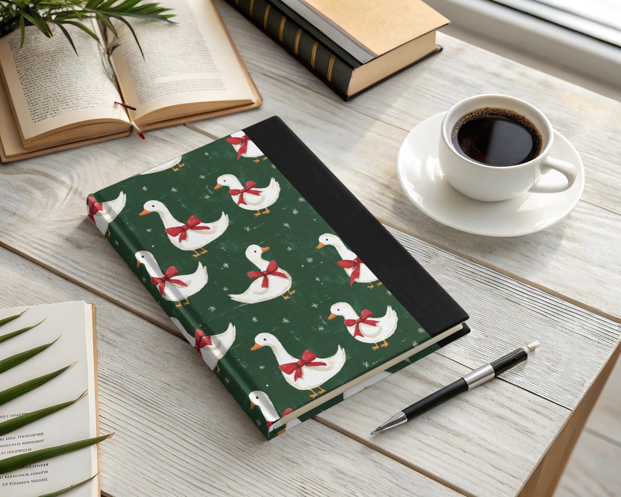 Holiday Geese With Bows on Dark Green Background Digital - Moore and Mountain