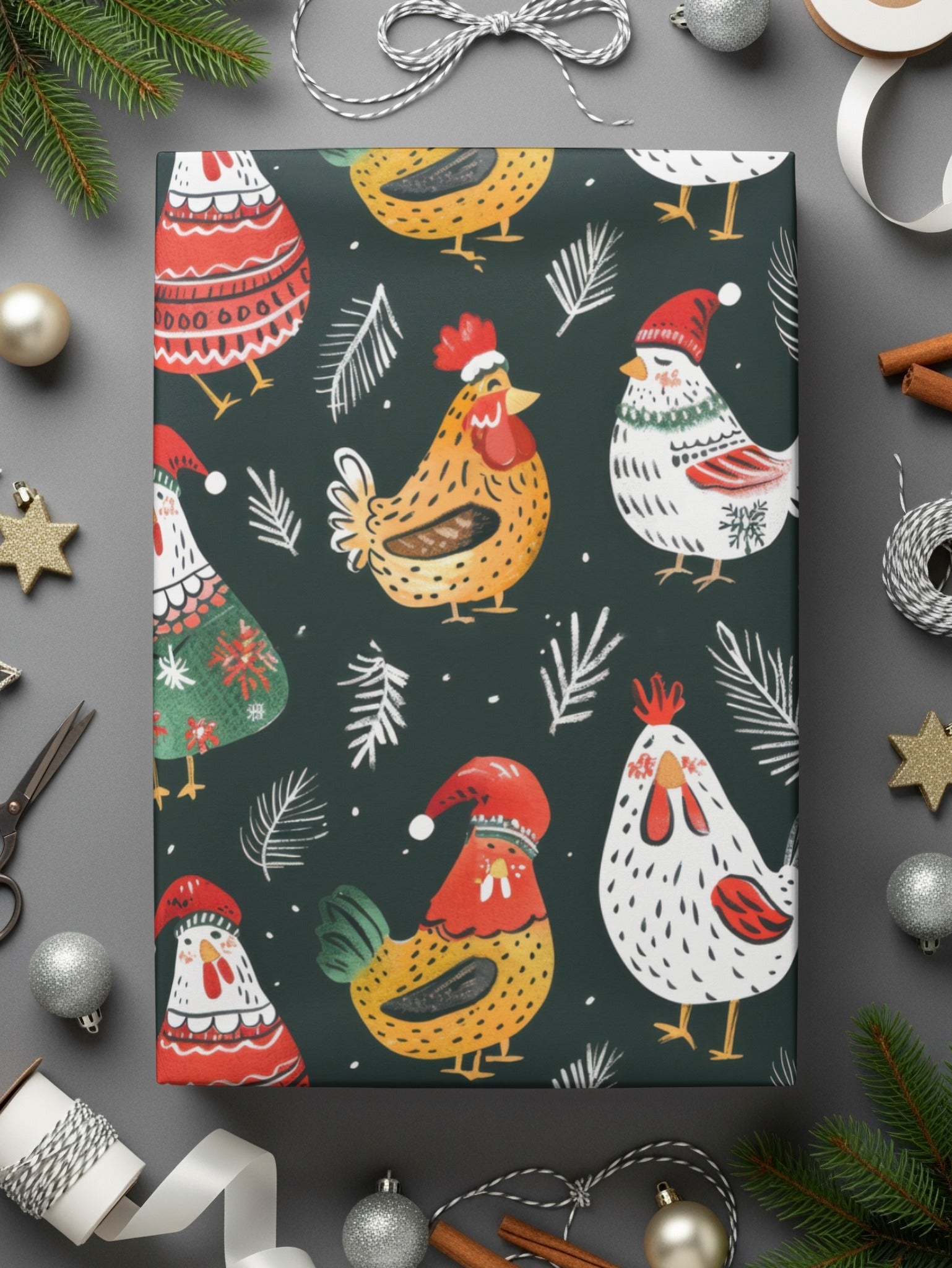 Holiday Roosters Festive Pattern With Santa Hats Digital - Moore and Mountain