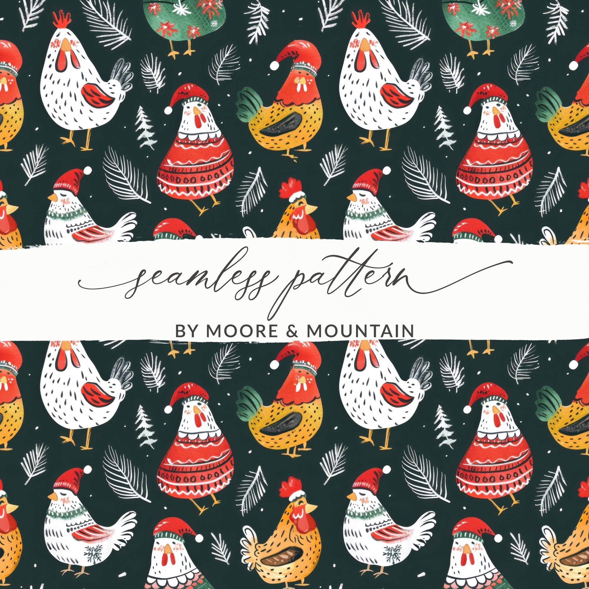 Holiday Roosters Festive Pattern With Santa Hats Digital - Moore and Mountain