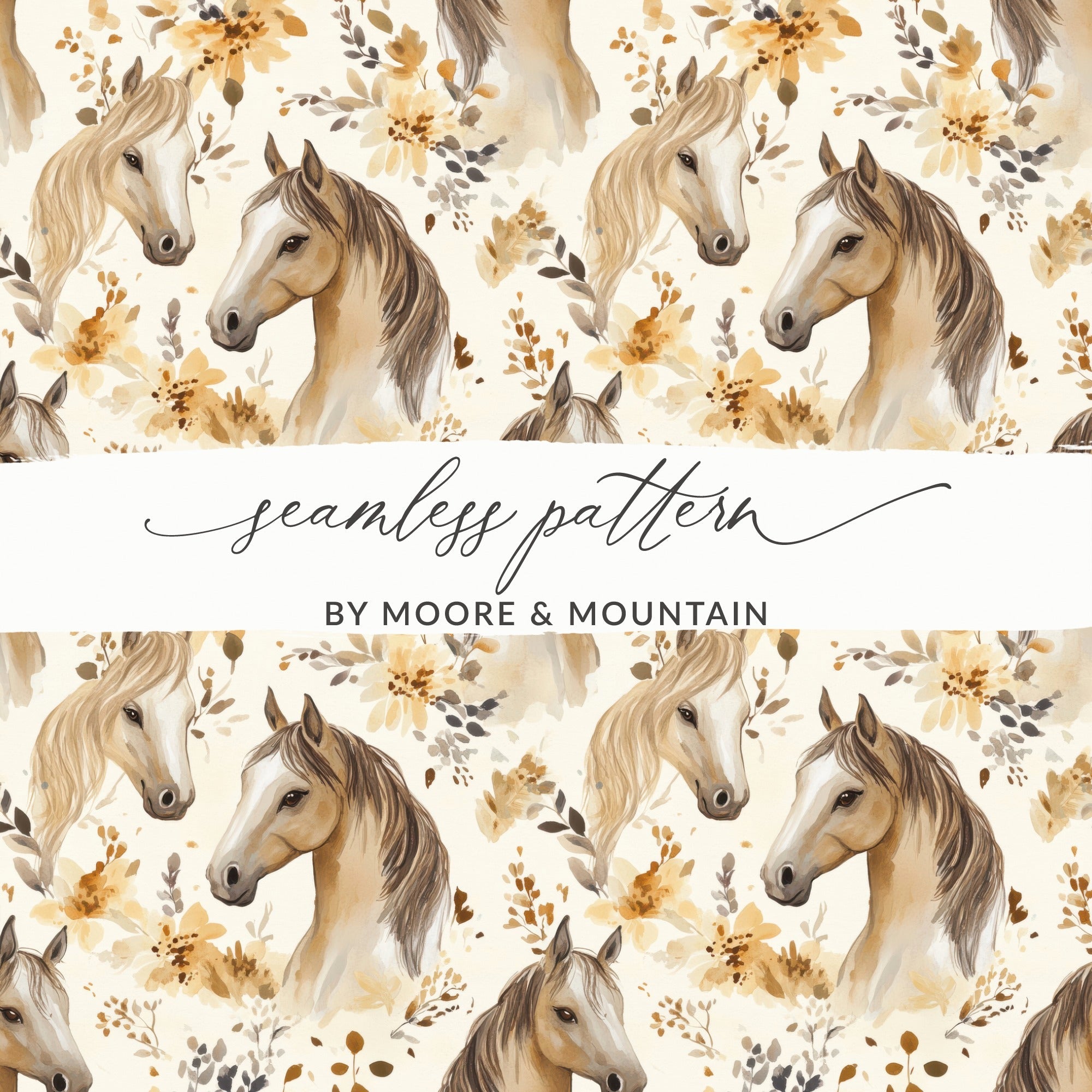 Horse and Floral Watercolor Pattern with Earthy Tones Digital - Moore and Mountain