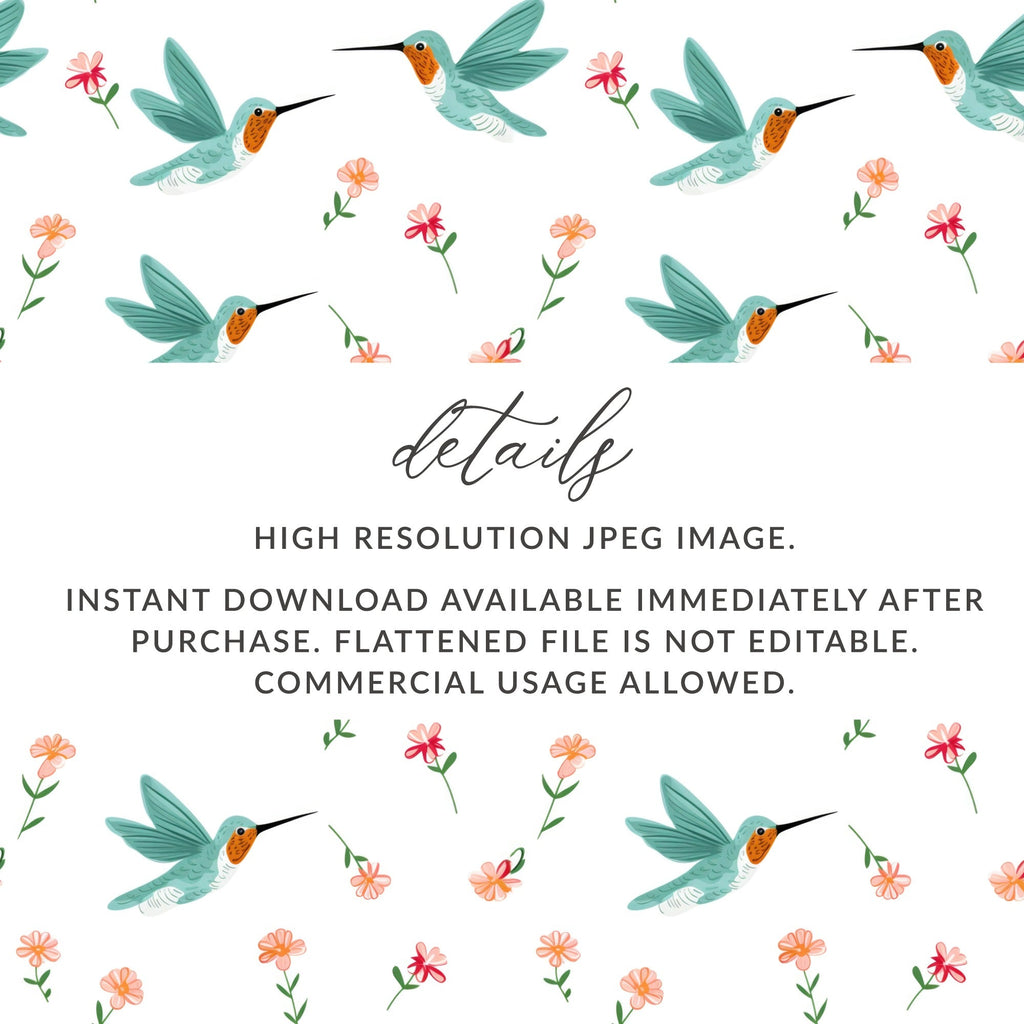 Hummingbird Digital Paper, Floral Seamless Pattern, Bird Illustration, Scrapbook Paper, Printable Fabric, Digital Download - Moore and Mountain