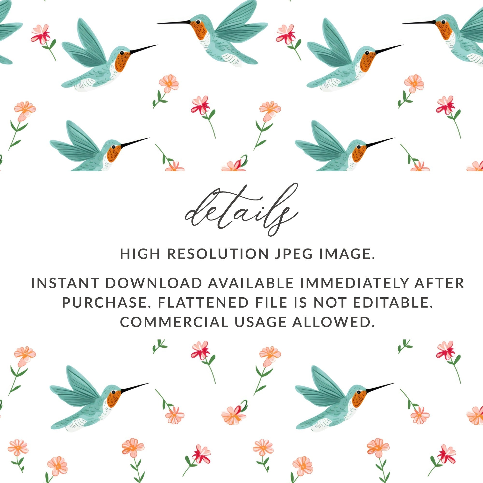 Hummingbird Digital Paper, Floral Seamless Pattern, Bird Illustration, Scrapbook Paper, Printable Fabric, Digital Download - Moore and Mountain