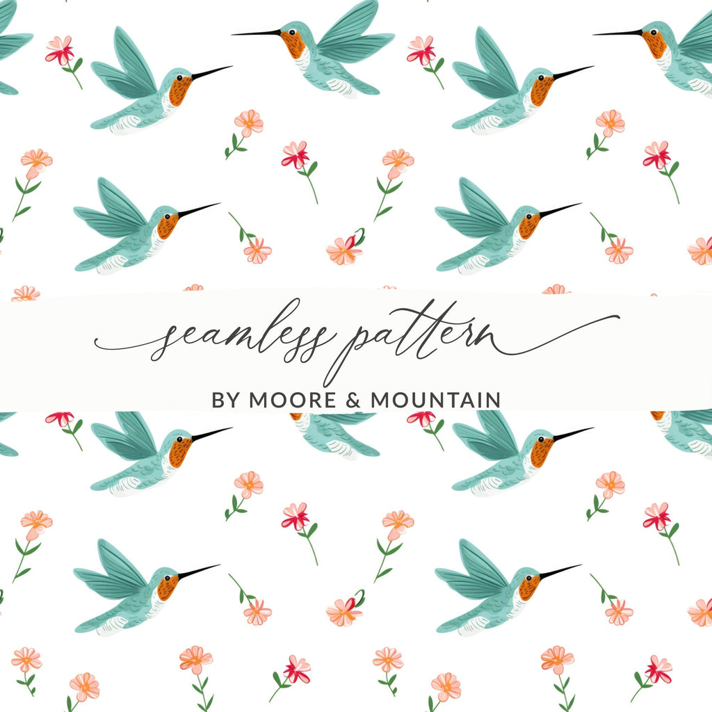 Hummingbird Digital Paper, Floral Seamless Pattern, Bird Illustration, Scrapbook Paper, Printable Fabric, Digital Download - Moore and Mountain