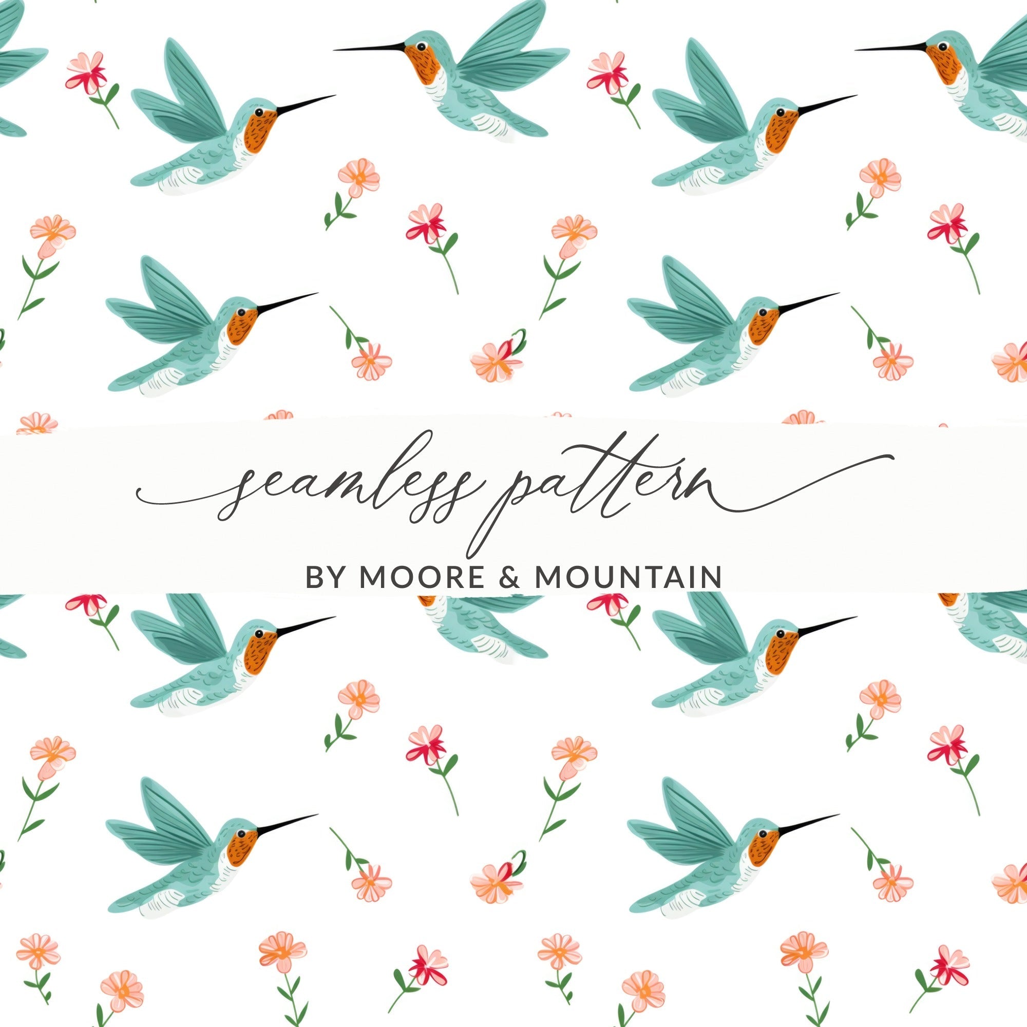Hummingbird Digital Paper, Floral Seamless Pattern, Bird Illustration, Scrapbook Paper, Printable Fabric, Digital Download - Moore and Mountain