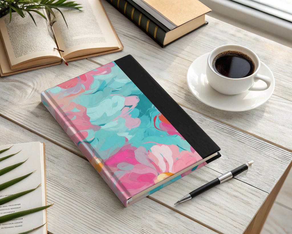 Vibrant Floral Pink and Blue Hard Cover Notebook