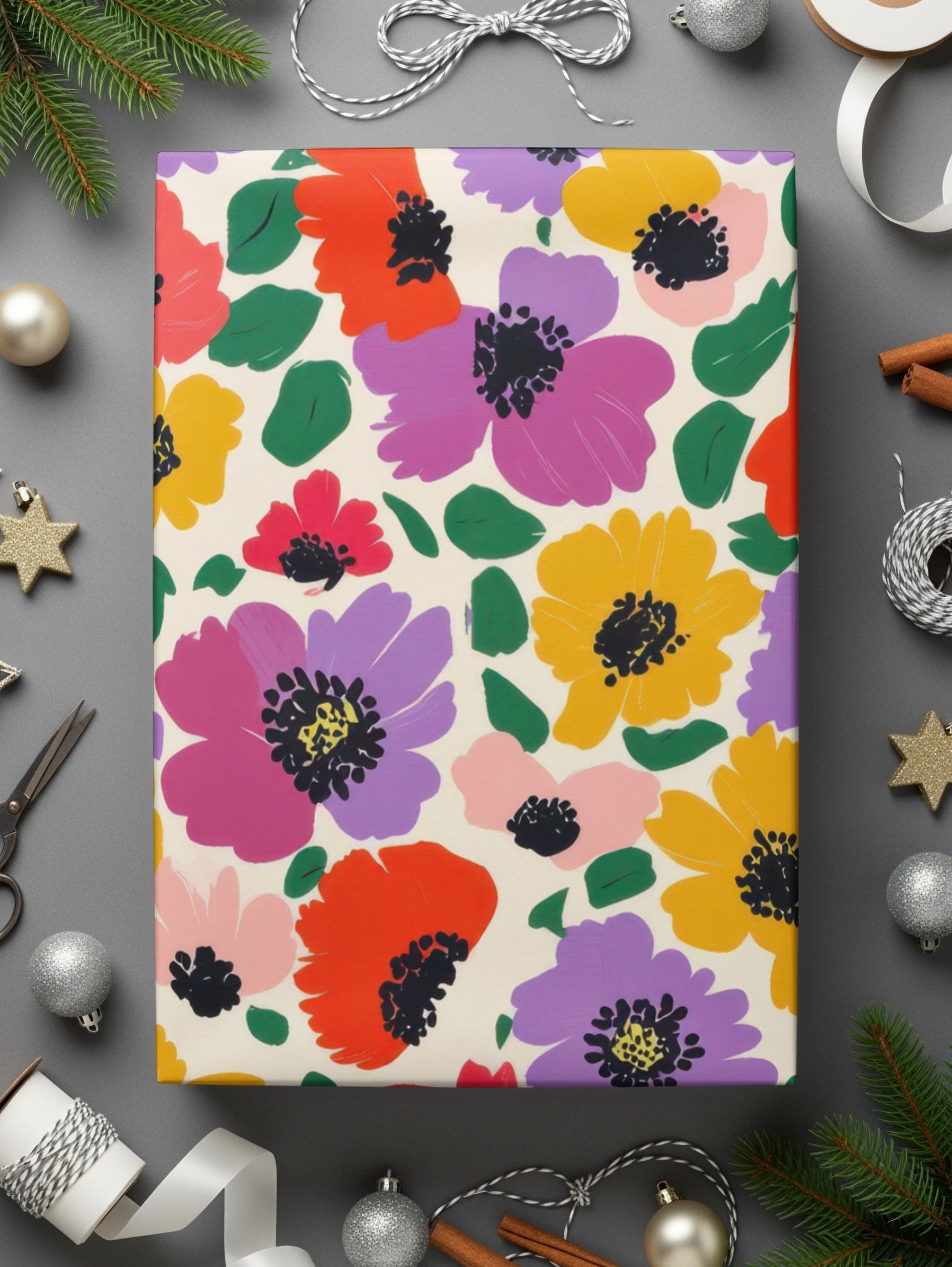 Festive Flower Patterned Gift Wrapping Paper