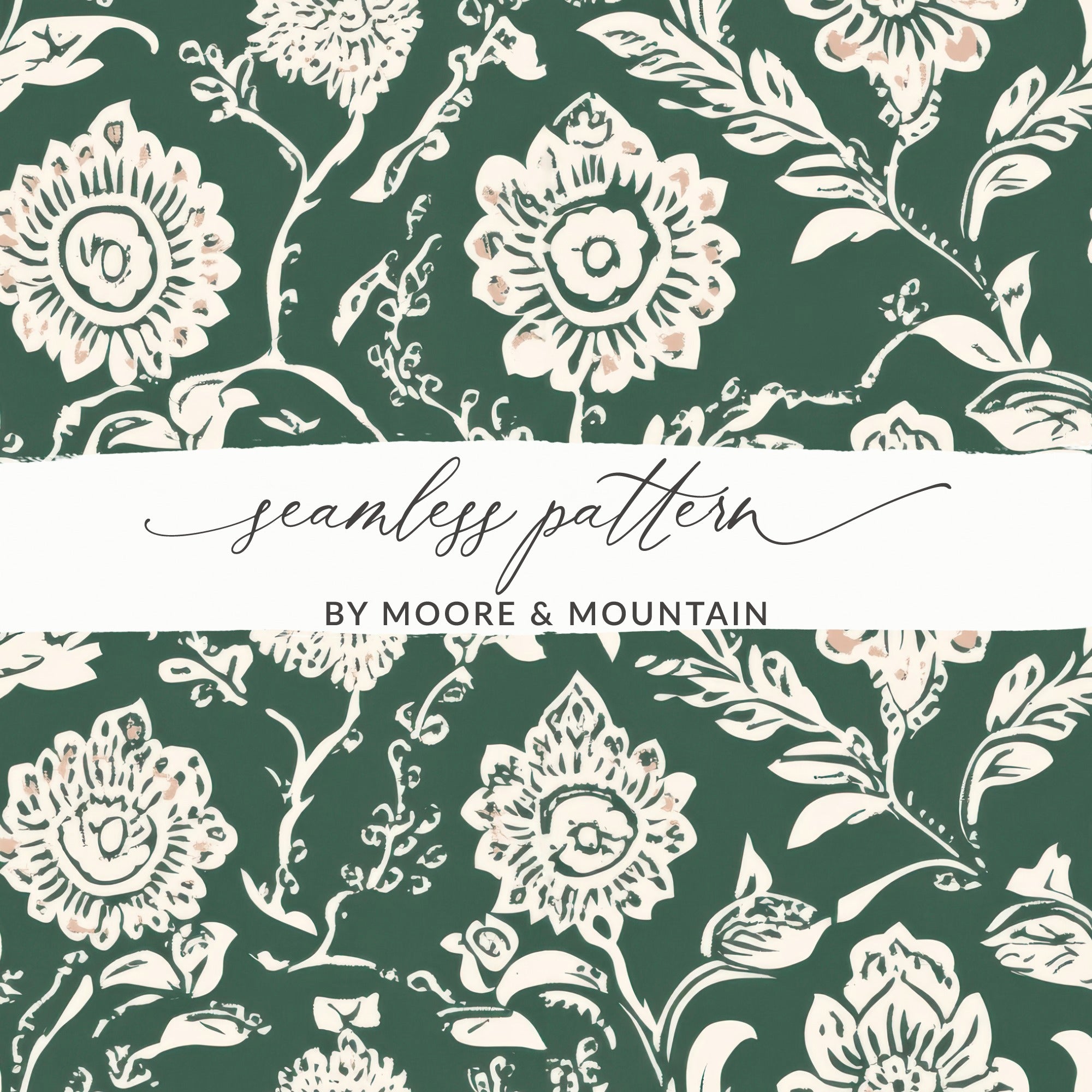 Kelly Green Vintage Chintz Seamless Indian Pattern Floral on Dark Green Background - Moore and Mountain