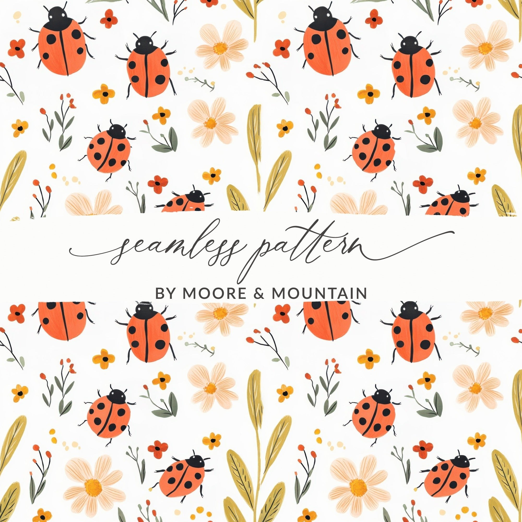 Ladybug Digital Paper, Floral Pattern, Seamless Pattern Design, Spring Digital Paper, Cute Ladybug Pattern, Fabric Design, Printable Digital - Moore and Mountain