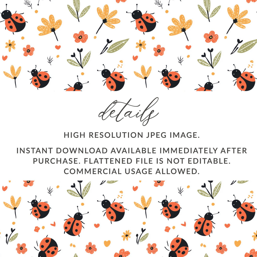 Ladybug Digital Pattern, Seamless Flower Pattern, Insect Pattern, Scrapbook Paper, Fabric Design, Cute Bug Repeat Pattern, Kawaii - Moore and Mountain