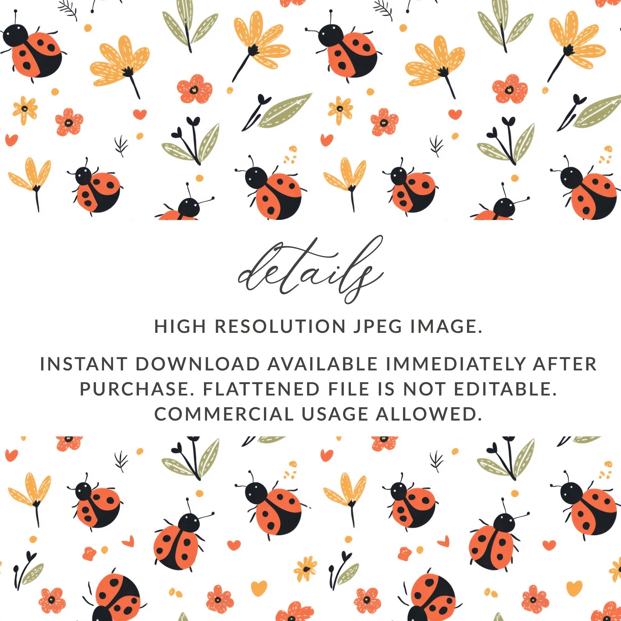 Ladybug Digital Pattern, Seamless Flower Pattern, Insect Pattern, Scrapbook Paper, Fabric Design, Cute Bug Repeat Pattern, Kawaii - Moore and Mountain