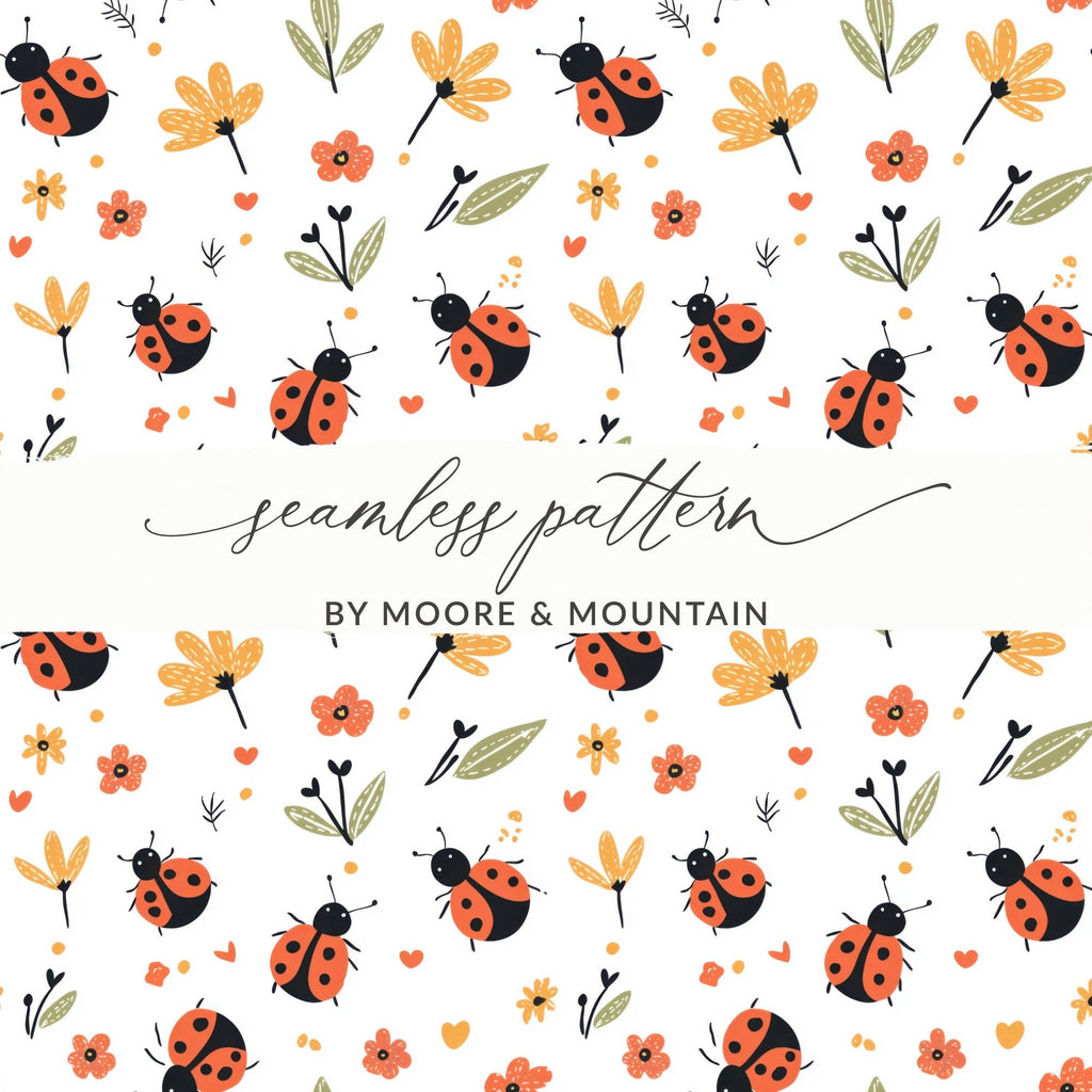 Ladybug Digital Pattern, Seamless Flower Pattern, Insect Pattern, Scrapbook Paper, Fabric Design, Cute Bug Repeat Pattern, Kawaii - Moore and Mountain