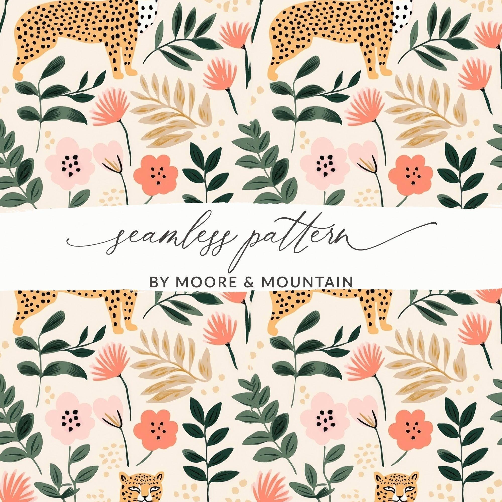 Leopard Floral Seamless Pattern Digital, Jungle Animals Print, Fabric Design, Wallpaper Download, Trendy Backgrounds, Digital Paper - Moore and Mountain