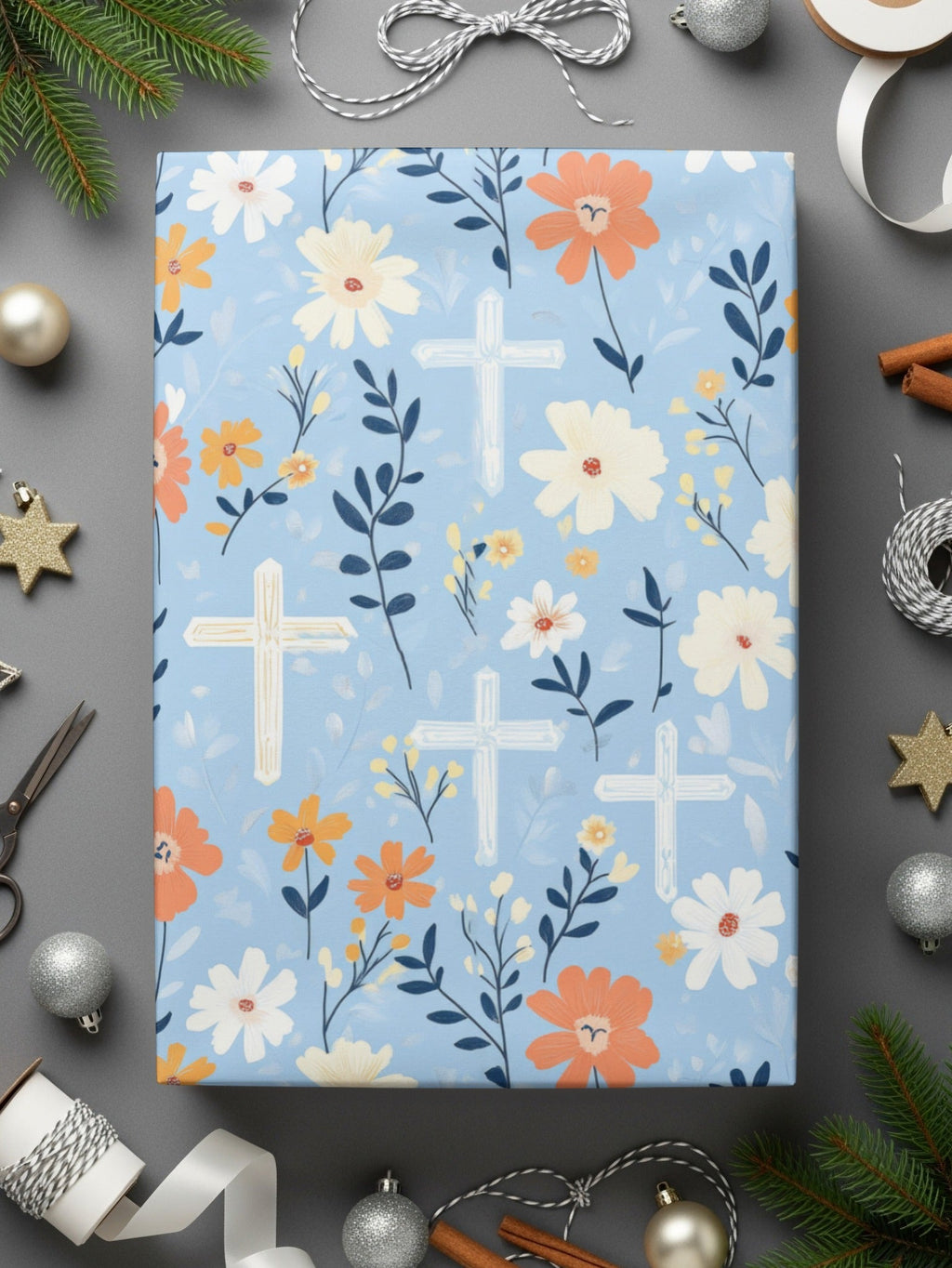 Light Blue Floral Cross Pattern Digital Paper, Spring Flowers, Watercolor Design, Easter Seamless Pattern, Neutral Background - Moore and Mountain