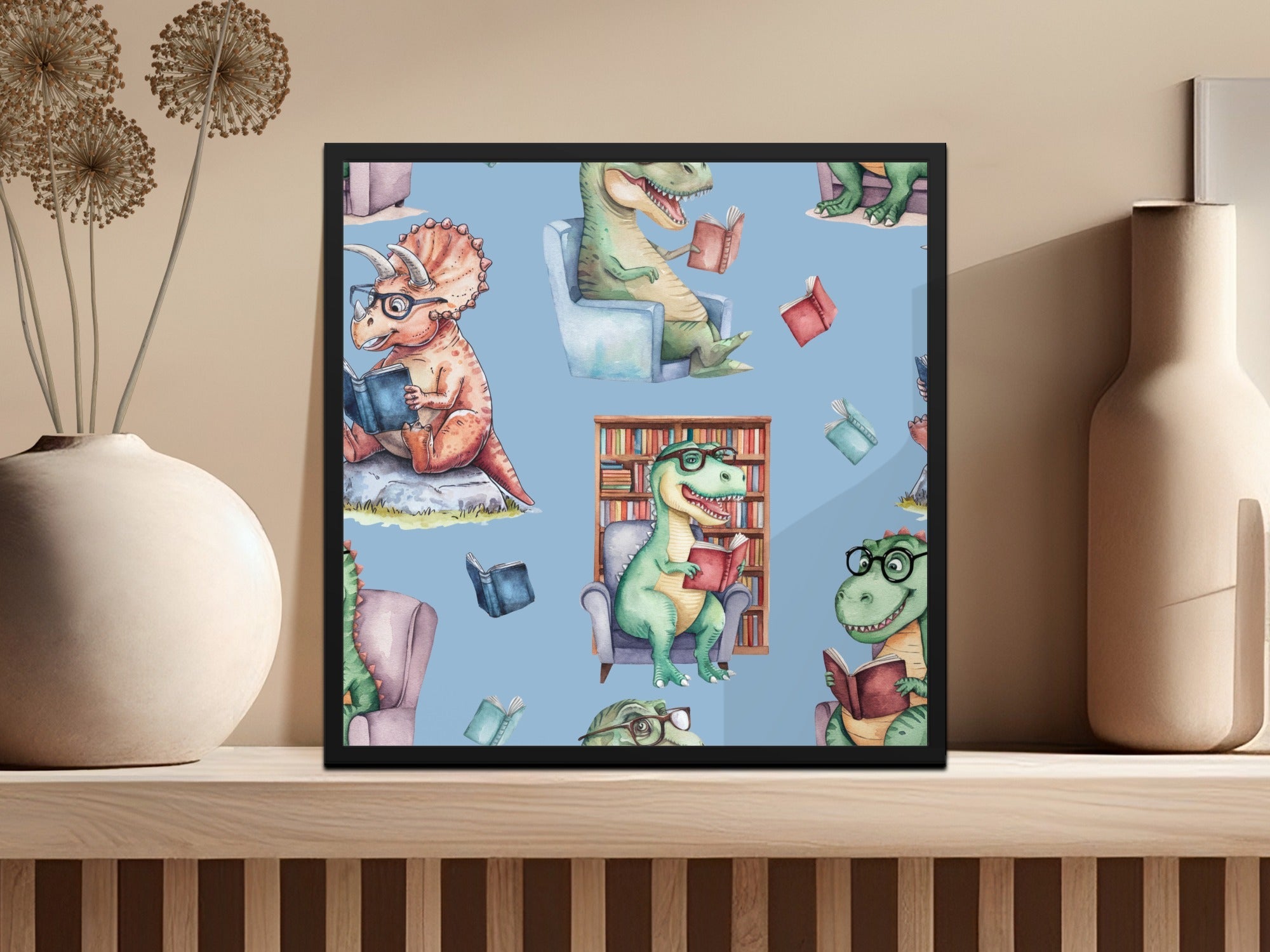 Light Blue Watercolor Dinosaurs Reading Books Pattern - Moore and Mountain