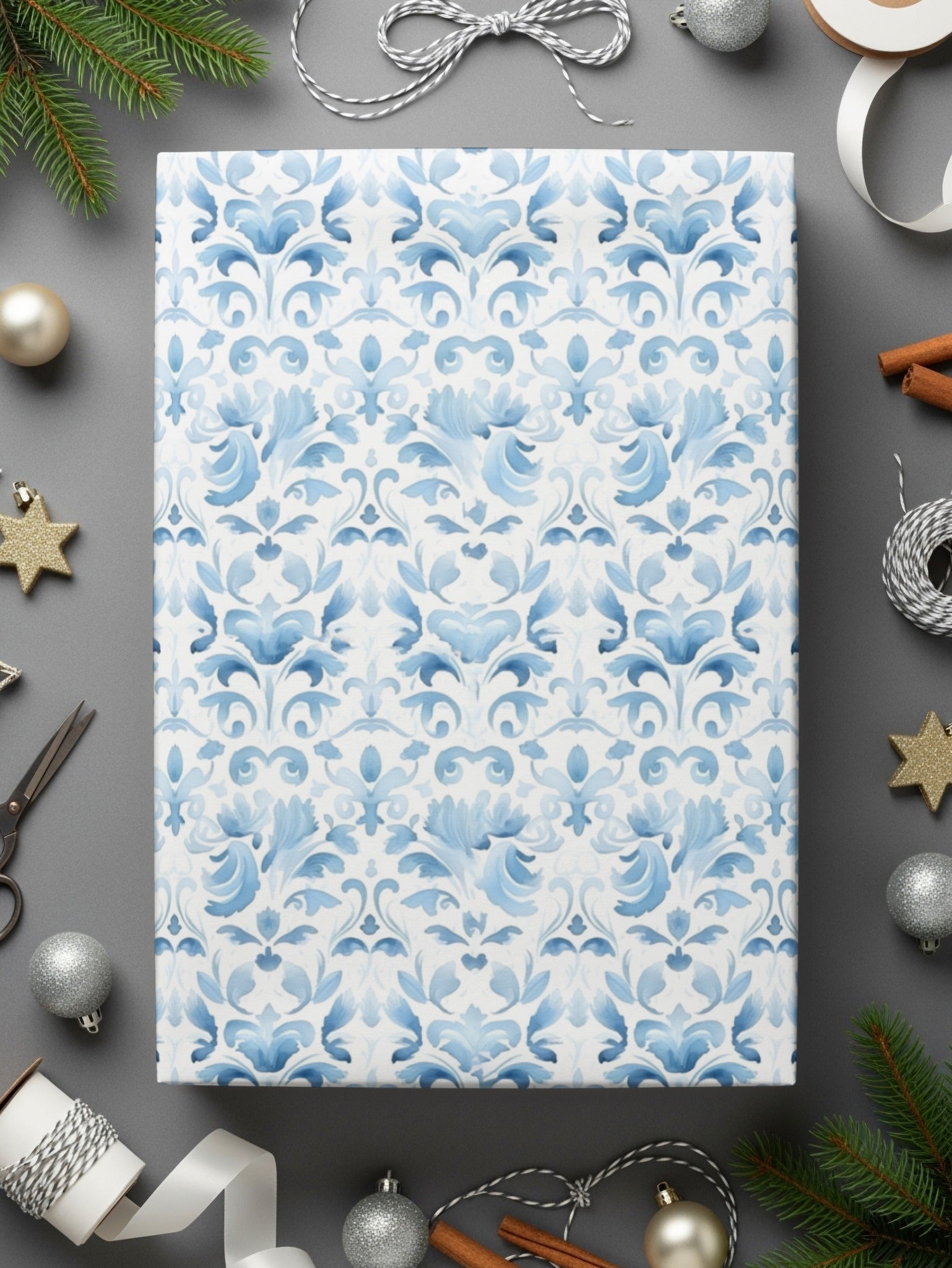 Elegant Blue Floral Pattern Gift Wrap Paper