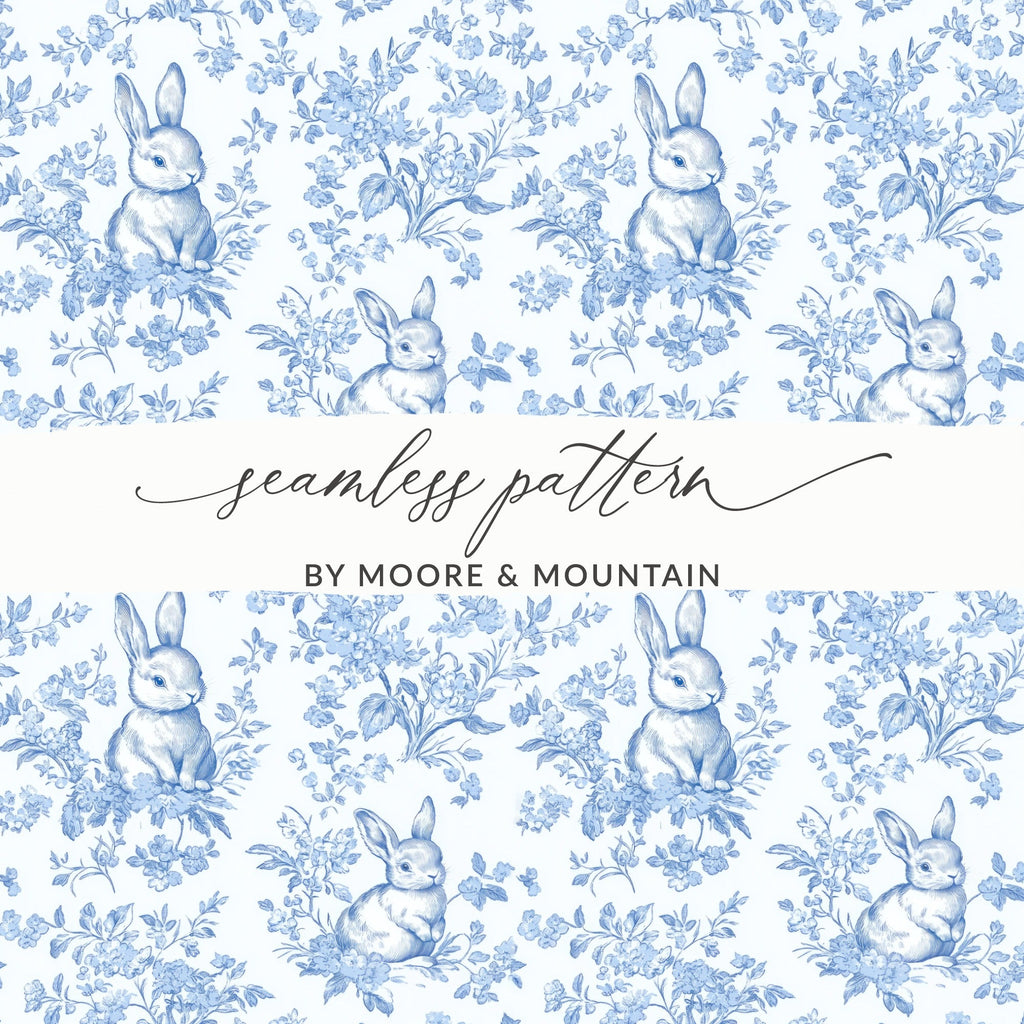 Light Blue and White Baby Boy Blue Floral Bunny Seamless Pattern for Spring Decor - Moore and Mountain