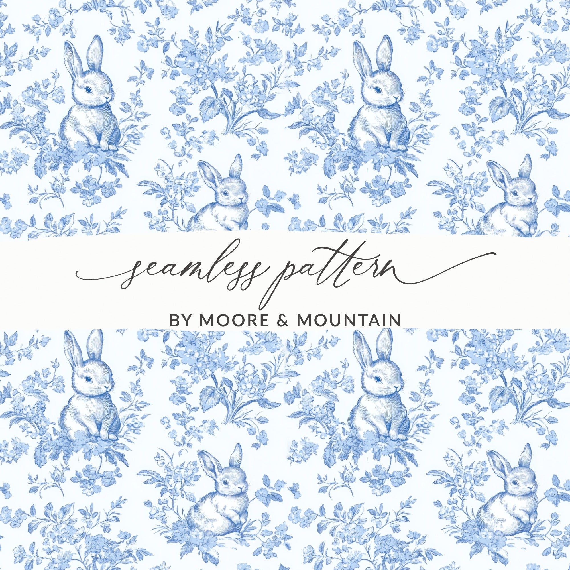 Light Blue and White Baby Boy Blue Floral Bunny Seamless Pattern for Spring Decor - Moore and Mountain