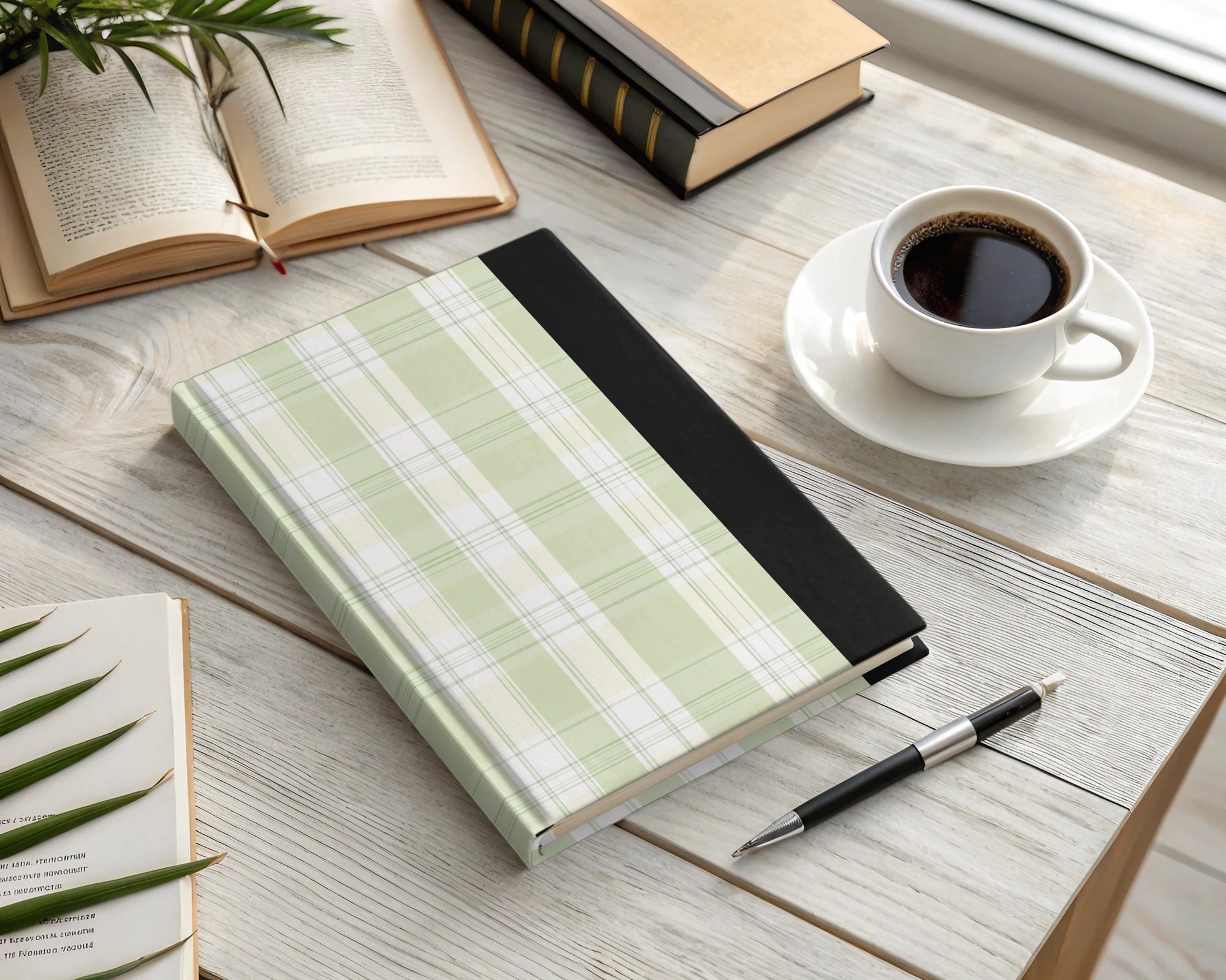 Green Plaid Hardcover Journal with Black Binding Notebook