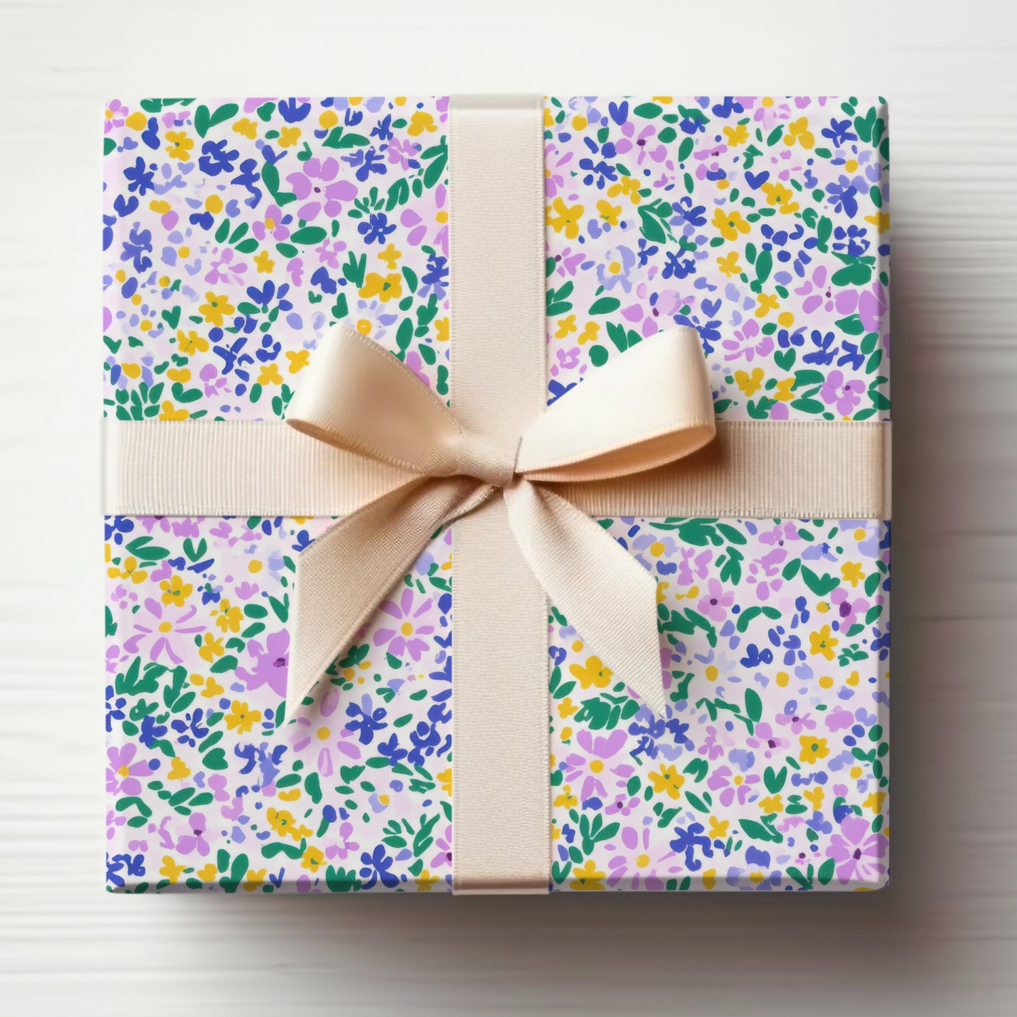 Floral Patterned Gift Box with Beige Ribbon Bow