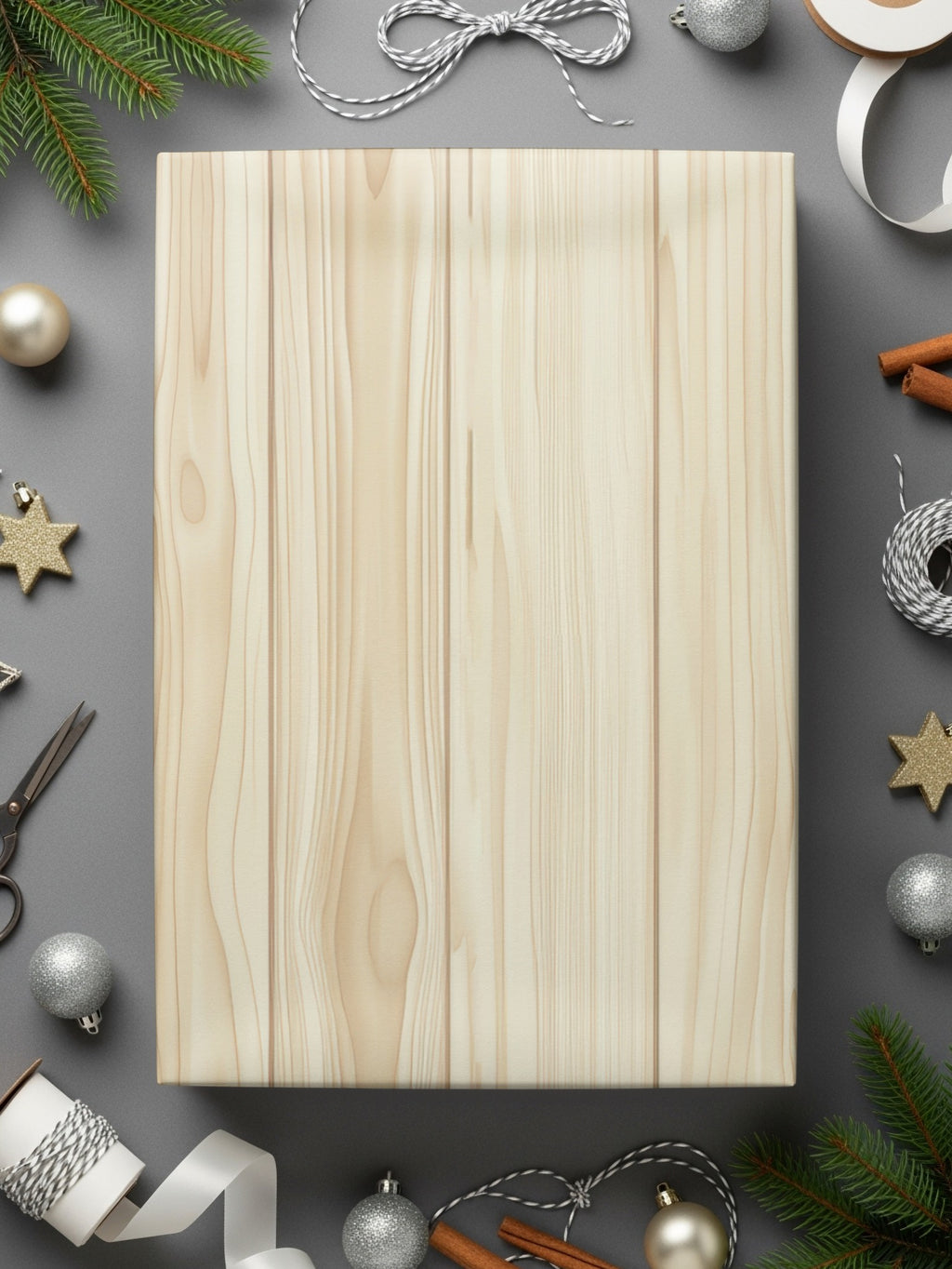 Holiday Gift Wrapped with Neutral Wood Pattern Box