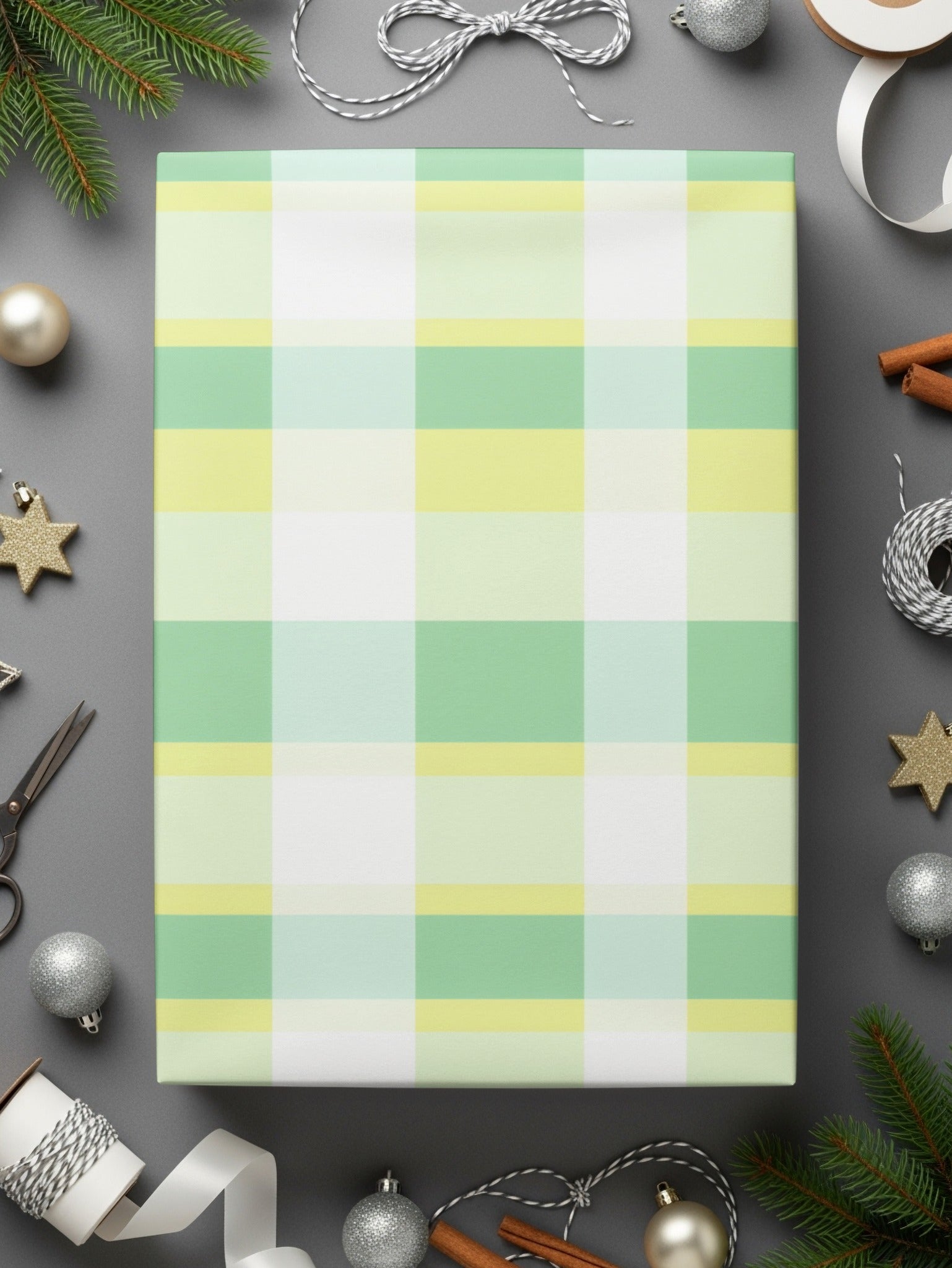 Festive Green and Yellow Plaid Wrapping Paper Sheets