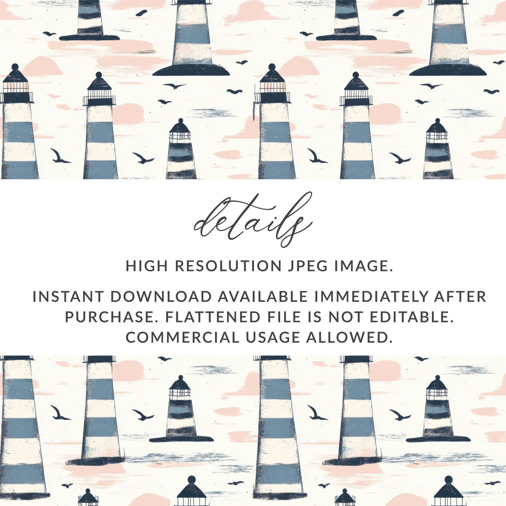 Lighthouse Pattern Digital Paper, Seamless Nautical Theme Design, Coastal Print for Crafts, Two Scale Options, JPEG Files - Moore and Mountain