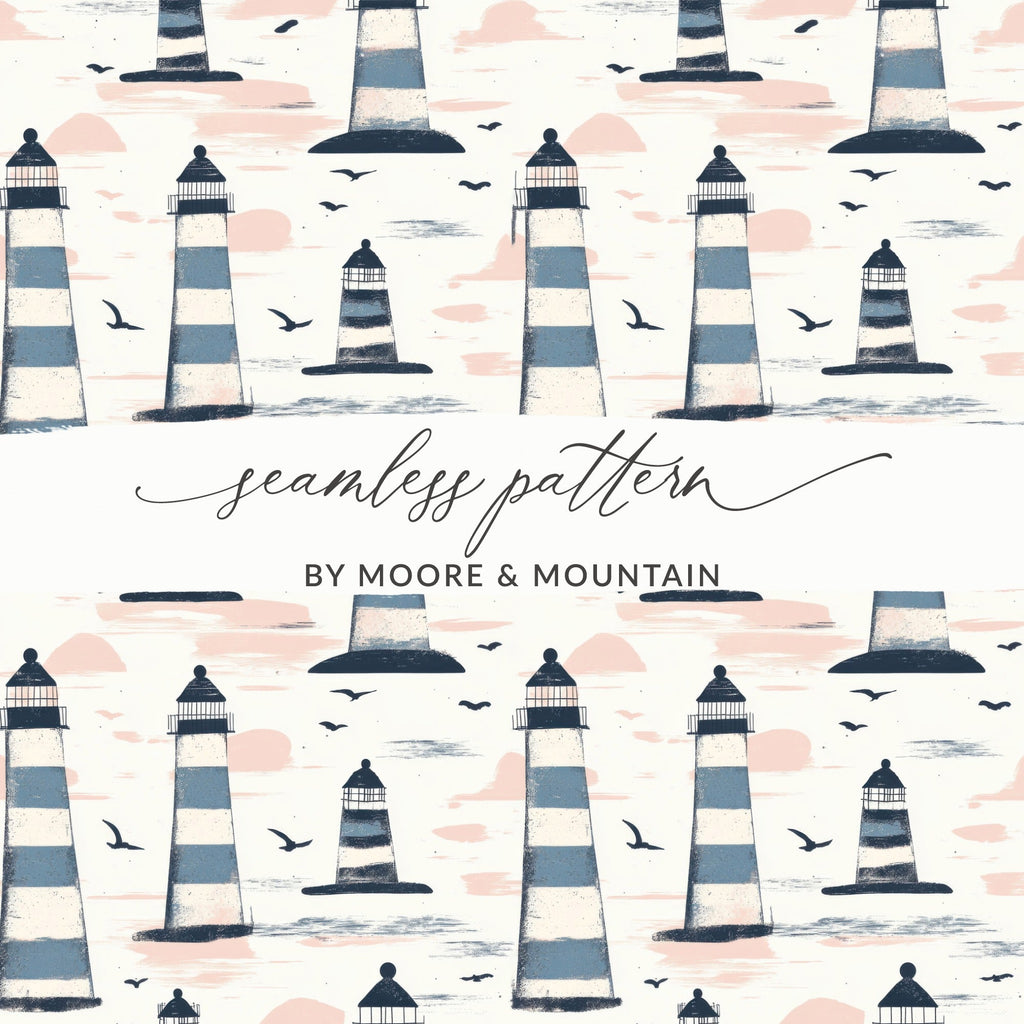 Lighthouse Pattern Digital Paper, Seamless Nautical Theme Design, Coastal Print for Crafts, Two Scale Options, JPEG Files - Moore and Mountain
