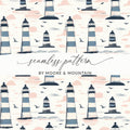 Lighthouse Pattern Digital Paper, Seamless Nautical Theme Design, Coastal Print for Crafts, Two Scale Options, JPEG Files - Moore and Mountain