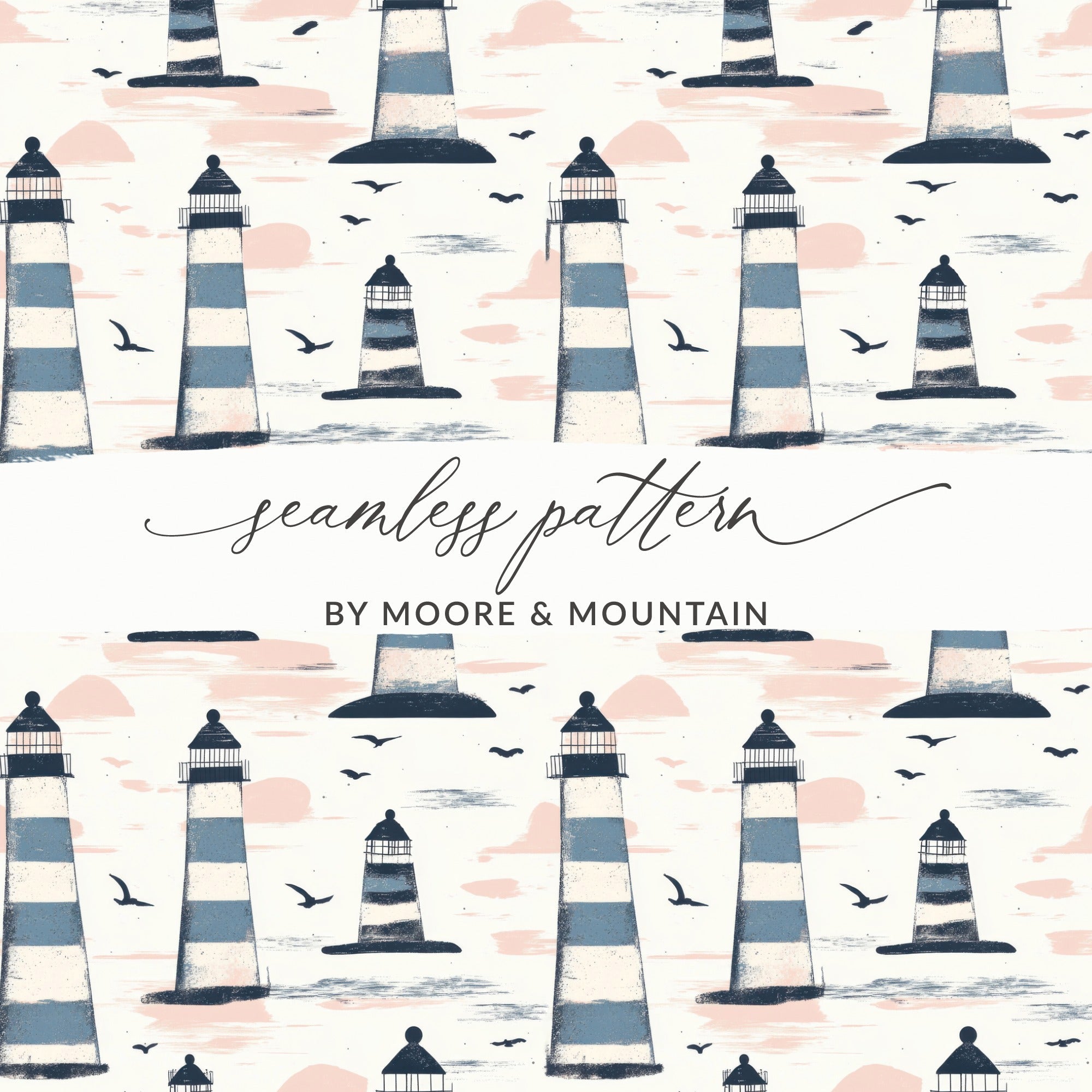 Lighthouse Pattern Digital Paper, Seamless Nautical Theme Design, Coastal Print for Crafts, Two Scale Options, JPEG Files - Moore and Mountain