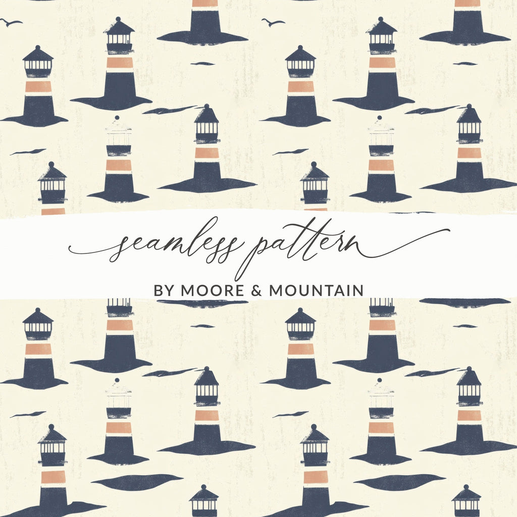 Lighthouse Seamless Digital Pattern, Nautical Theme, Coastal Design, Printable Paper, Fabric Design, 2 JPEG files, Ocean Art, Digital - Moore and Mountain