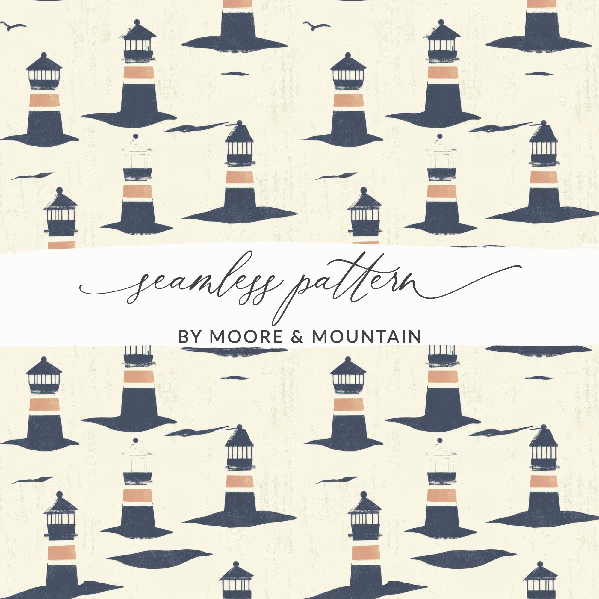 Lighthouse Seamless Digital Pattern, Nautical Theme, Coastal Design, Printable Paper, Fabric Design, 2 JPEG files, Ocean Art, Digital - Moore and Mountain
