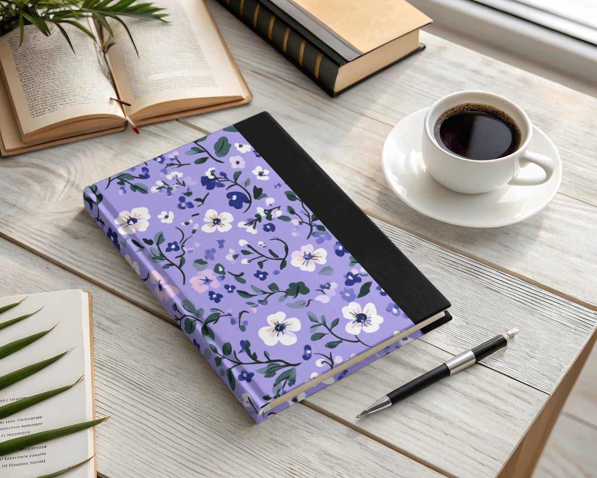 Floral Design Lavender and Black Spine Notebook