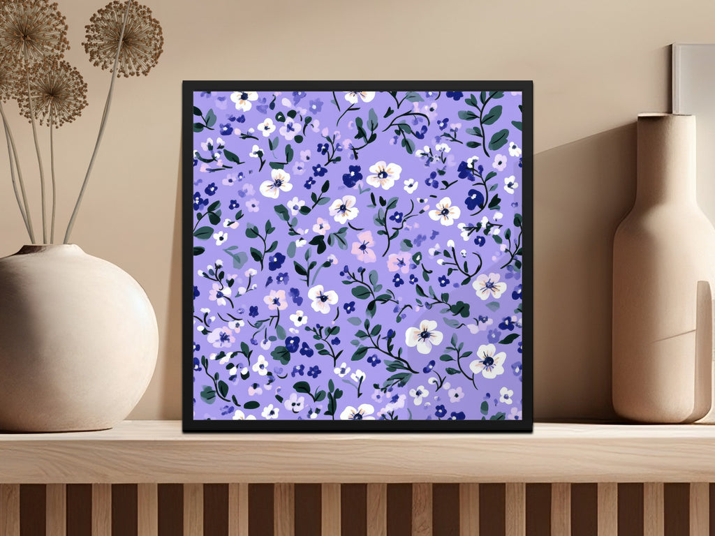 Purple Floral Pattern Art in Black Frame Wall Decor