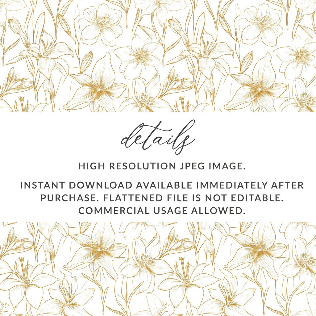 Lily Floral Pattern Digital Paper, Seamless Flower Design, Gold Line Art Pattern, Scrapbooking Pattern, Fabric Design, Digital Download - Moore and Mountain