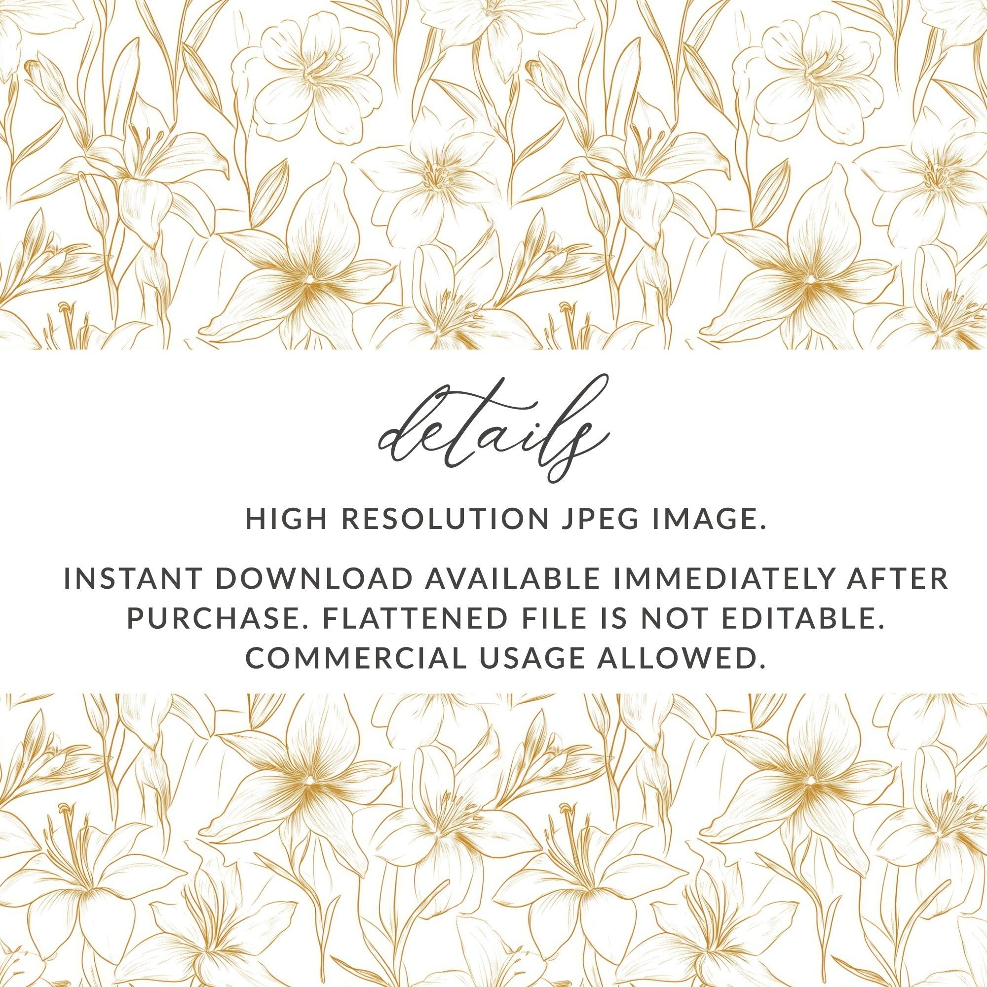 Lily Floral Pattern Digital Paper, Seamless Flower Design, Gold Line Art Pattern, Scrapbooking Pattern, Fabric Design, Digital Download - Moore and Mountain