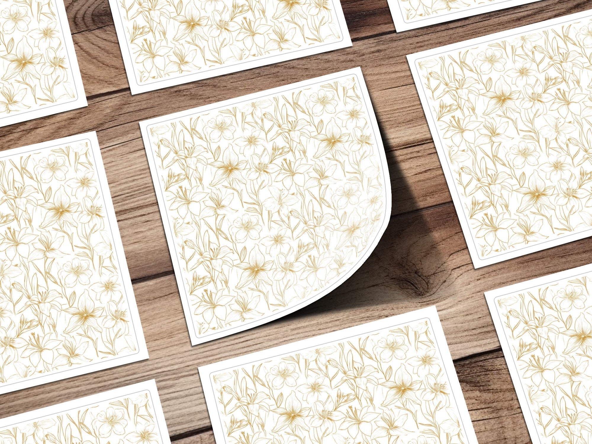 Lily Floral Pattern Digital Paper, Seamless Flower Design, Gold Line Art Pattern, Scrapbooking Pattern, Fabric Design, Digital Download - Moore and Mountain