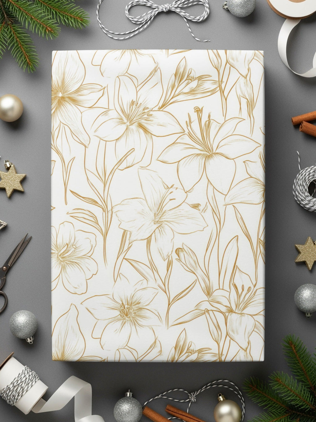 Lily Floral Pattern Digital Paper, Seamless Flower Design, Gold Line Art Pattern, Scrapbooking Pattern, Fabric Design, Digital Download - Moore and Mountain