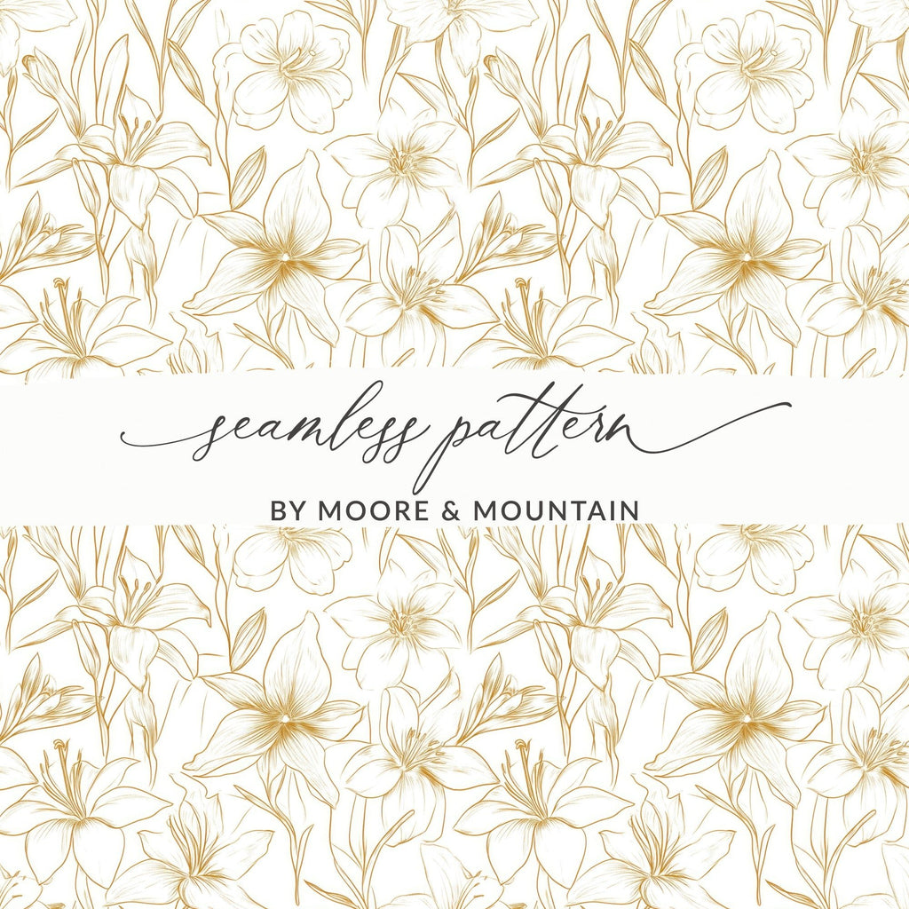 Lily Floral Pattern Digital Paper, Seamless Flower Design, Gold Line Art Pattern, Scrapbooking Pattern, Fabric Design, Digital Download - Moore and Mountain