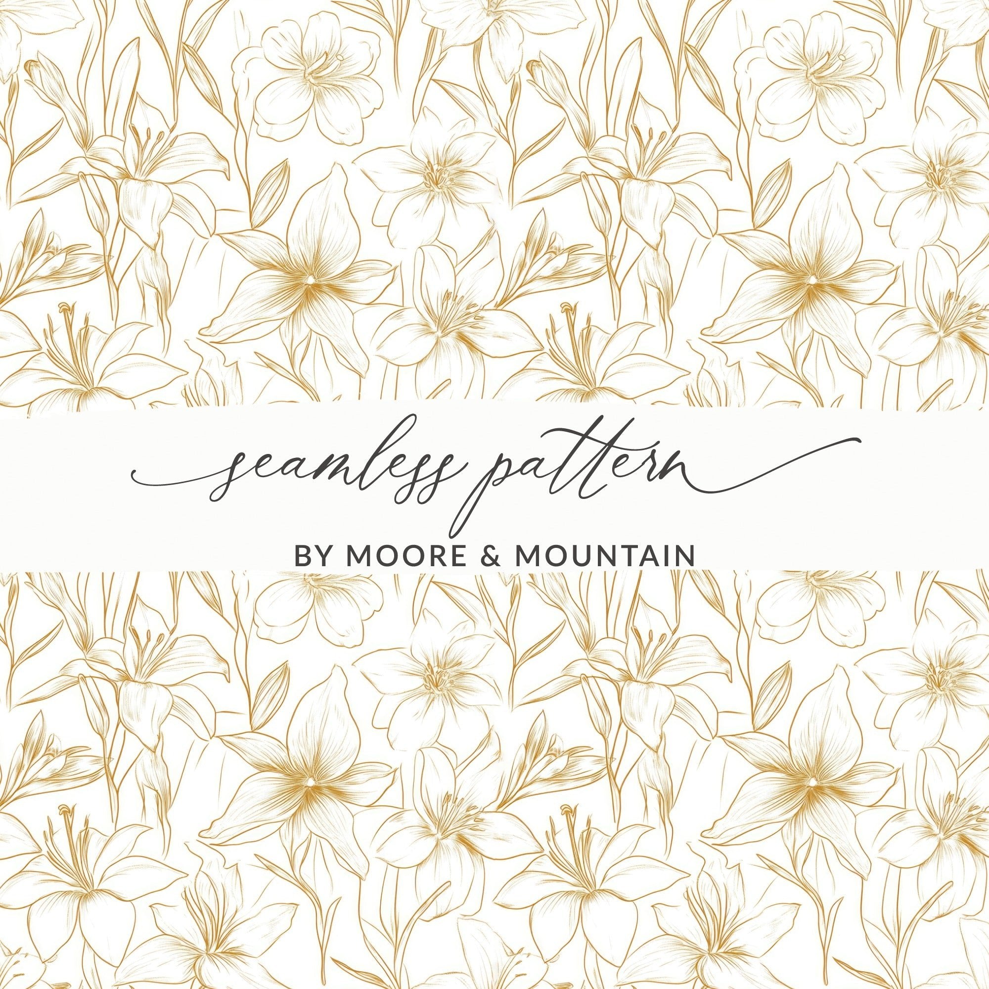 Lily Floral Pattern Digital Paper, Seamless Flower Design, Gold Line Art Pattern, Scrapbooking Pattern, Fabric Design, Digital Download - Moore and Mountain