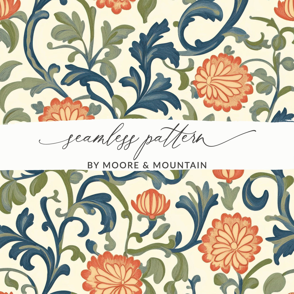 Marigold William Morris Seamless Orange Floral Pattern Dark Colors Digital - Moore and Mountain