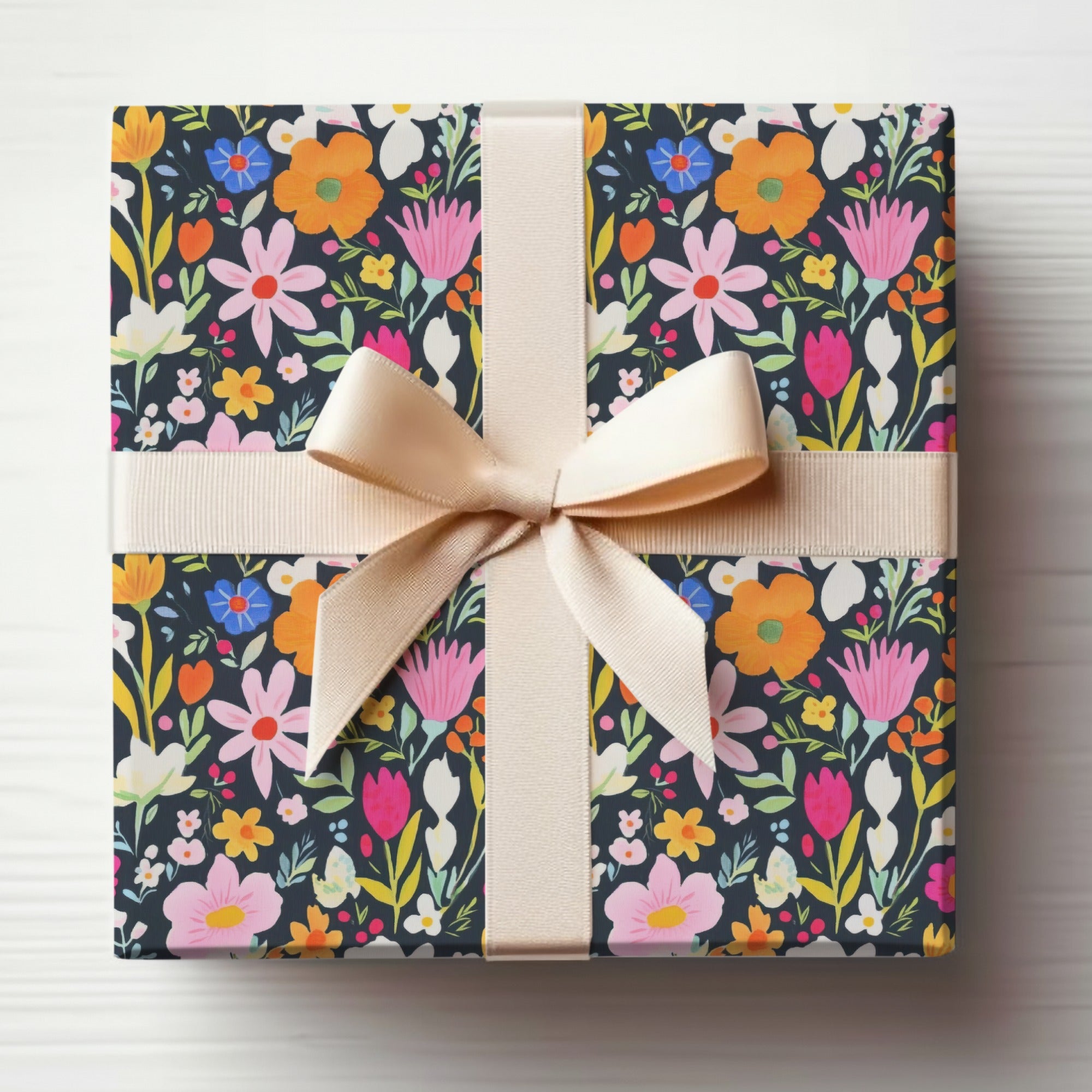 Colorful Floral Gift Wrap with Ribbon Package