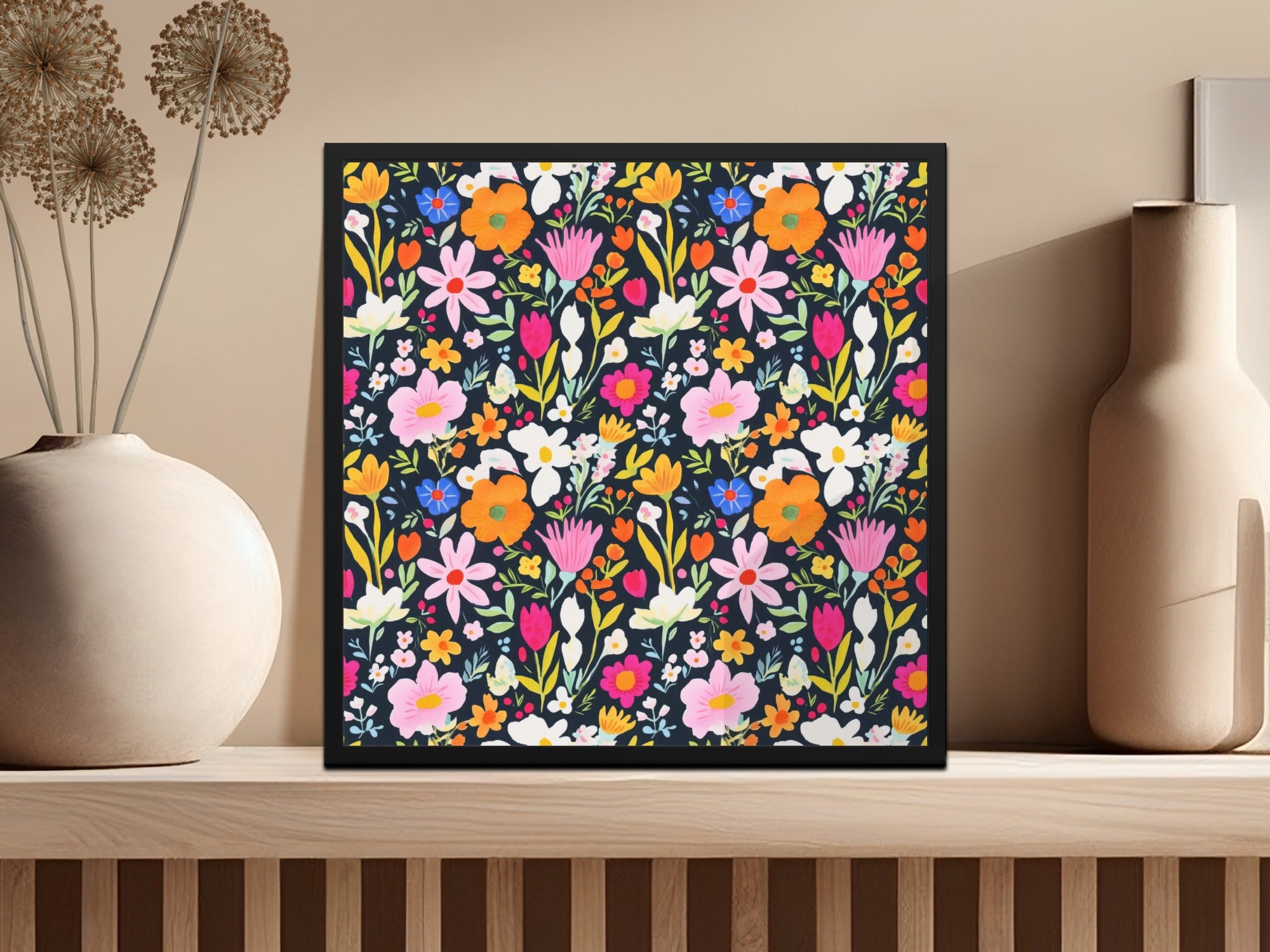 Vibrant Floral Pattern on Dark Background Artwork