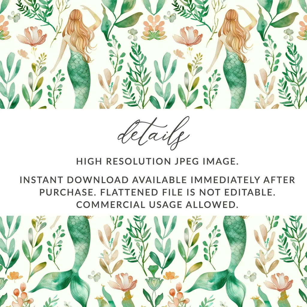 Mermaid Seamless Pattern, Watercolor Sea Life Digital Paper, Commercial Use, Ocean Design, Under the Sea JPEG, 12x12 Inch File - Moore and Mountain