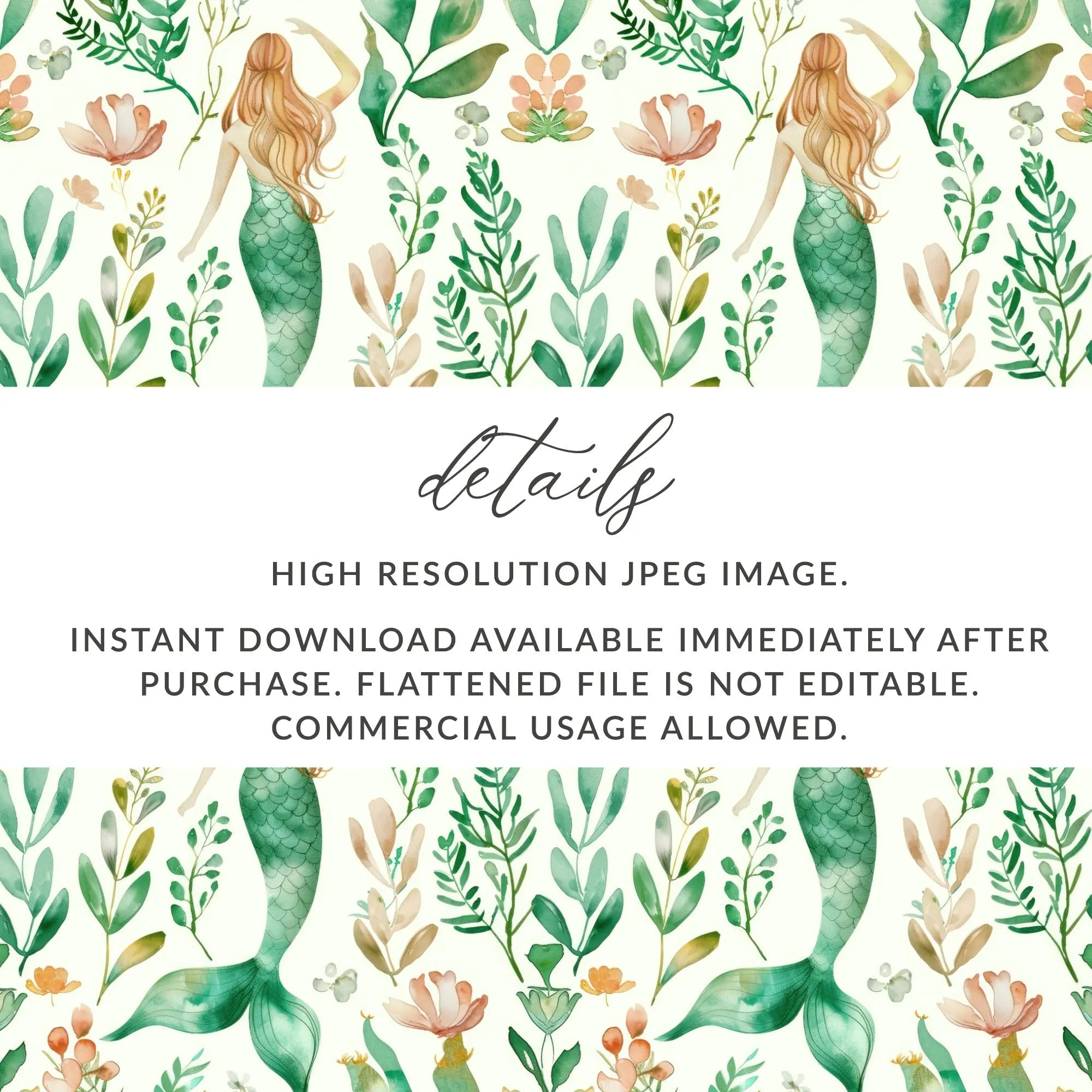 Mermaid Seamless Pattern, Watercolor Sea Life Digital Paper, Commercial Use, Ocean Design, Under the Sea JPEG, 12x12 Inch File - Moore and Mountain