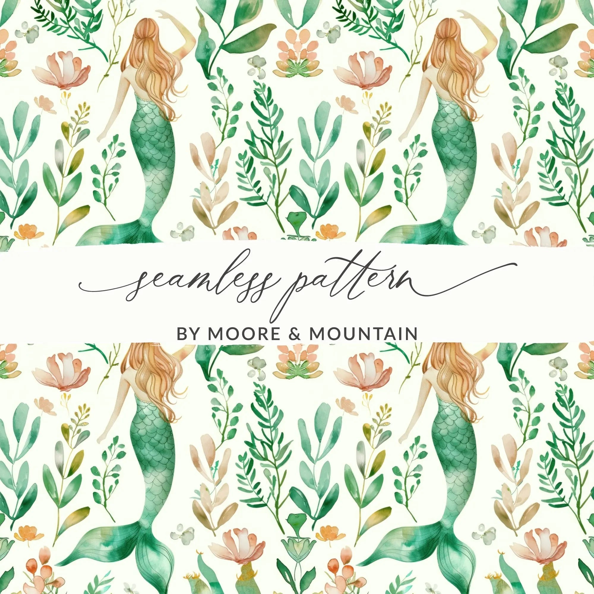 Mermaid Seamless Pattern, Watercolor Sea Life Digital Paper, Commercial Use, Ocean Design, Under the Sea JPEG, 12x12 Inch File - Moore and Mountain