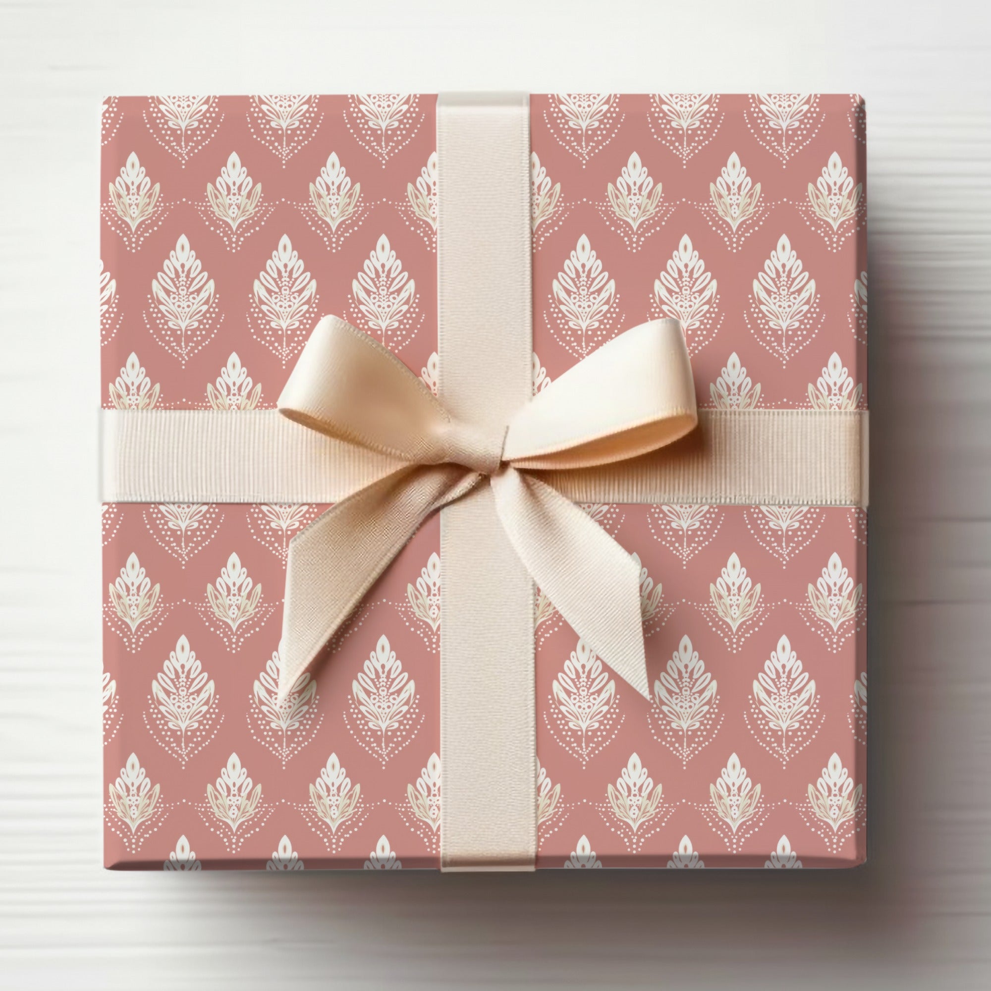 Elegantly Patterned Gift Wrapped Box with Decorative Ribbon