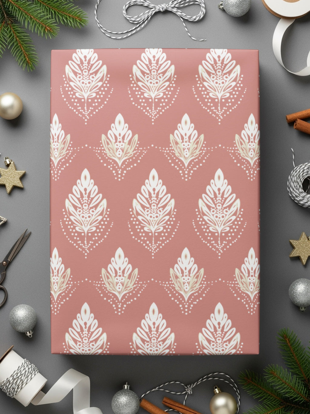 Elegant Pink and White Leaf Pattern Wrapping Paper