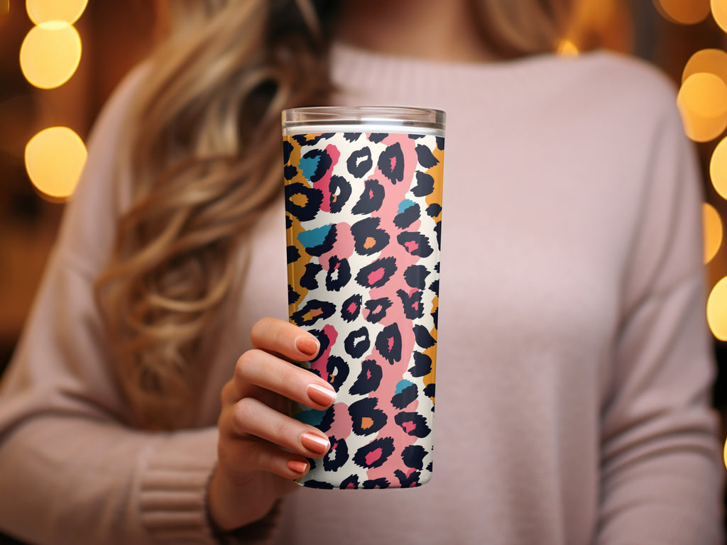 Colorful Leopard Print Tumbler with Lid in Hand