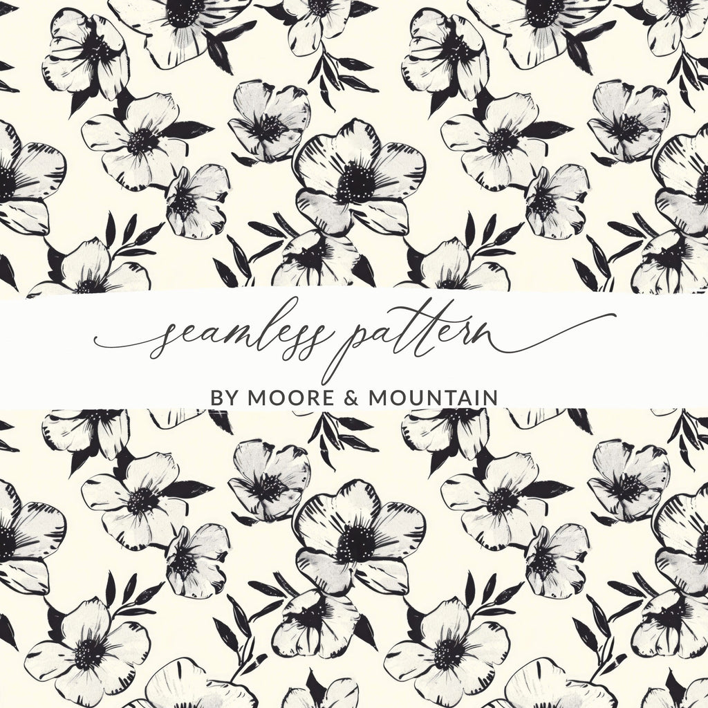 Modern Black White Floral Pattern Blooming Beauty Seamless Digital - Moore and Mountain